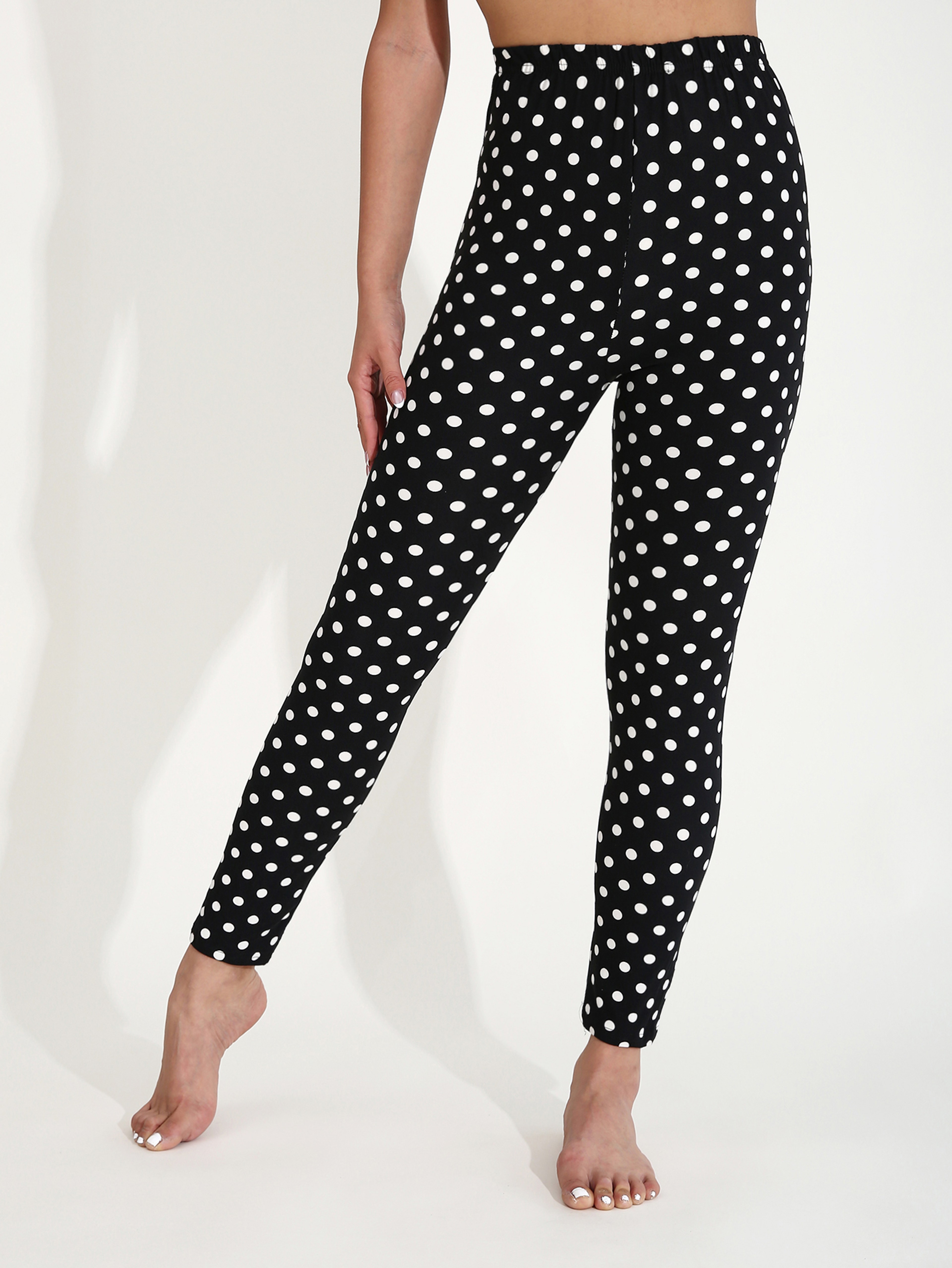 Womens Black Polka Dot Leggings With High Stretch MidRise Fit 2