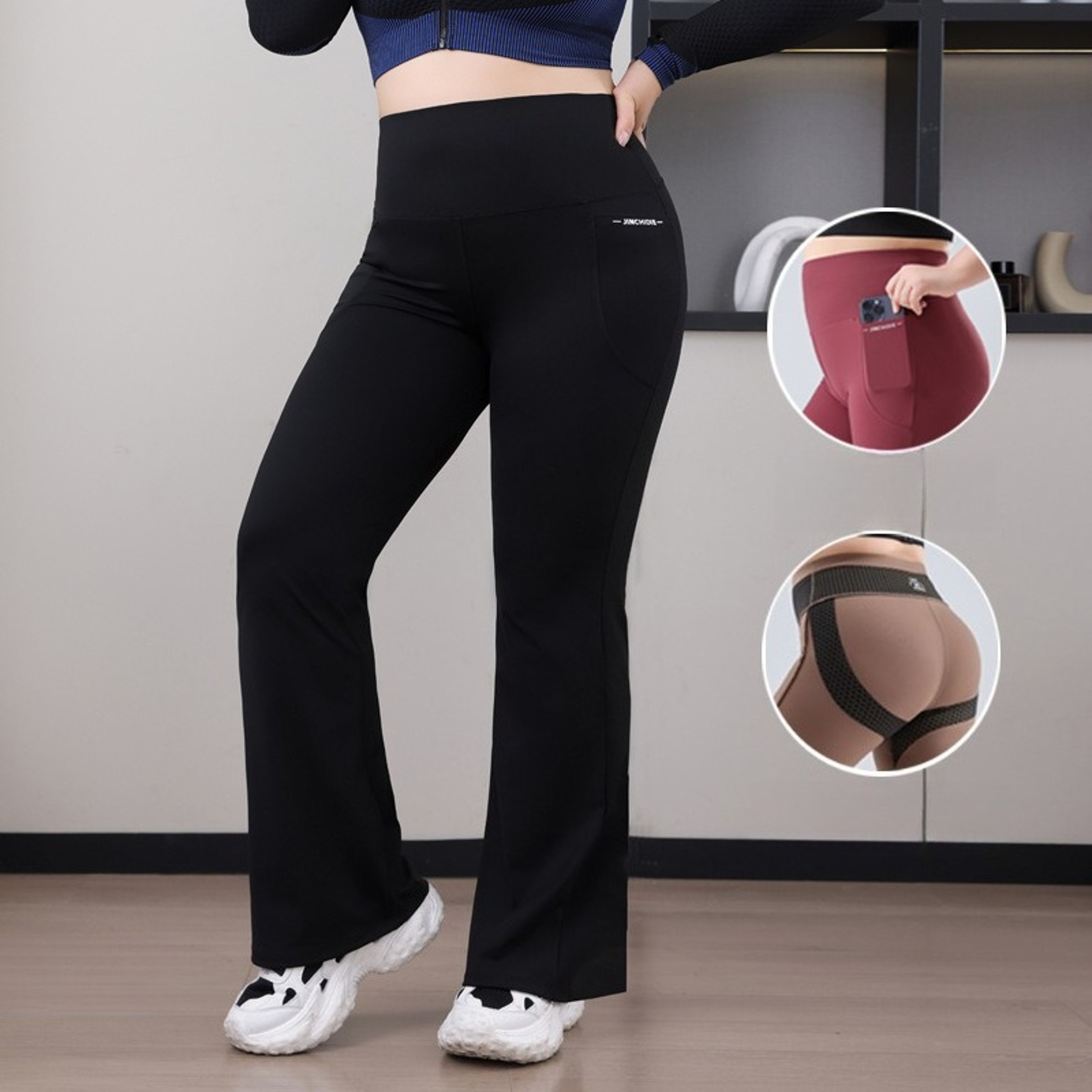 Plus Size High Waisted Flared Yoga Leggings With Side Pockets 0