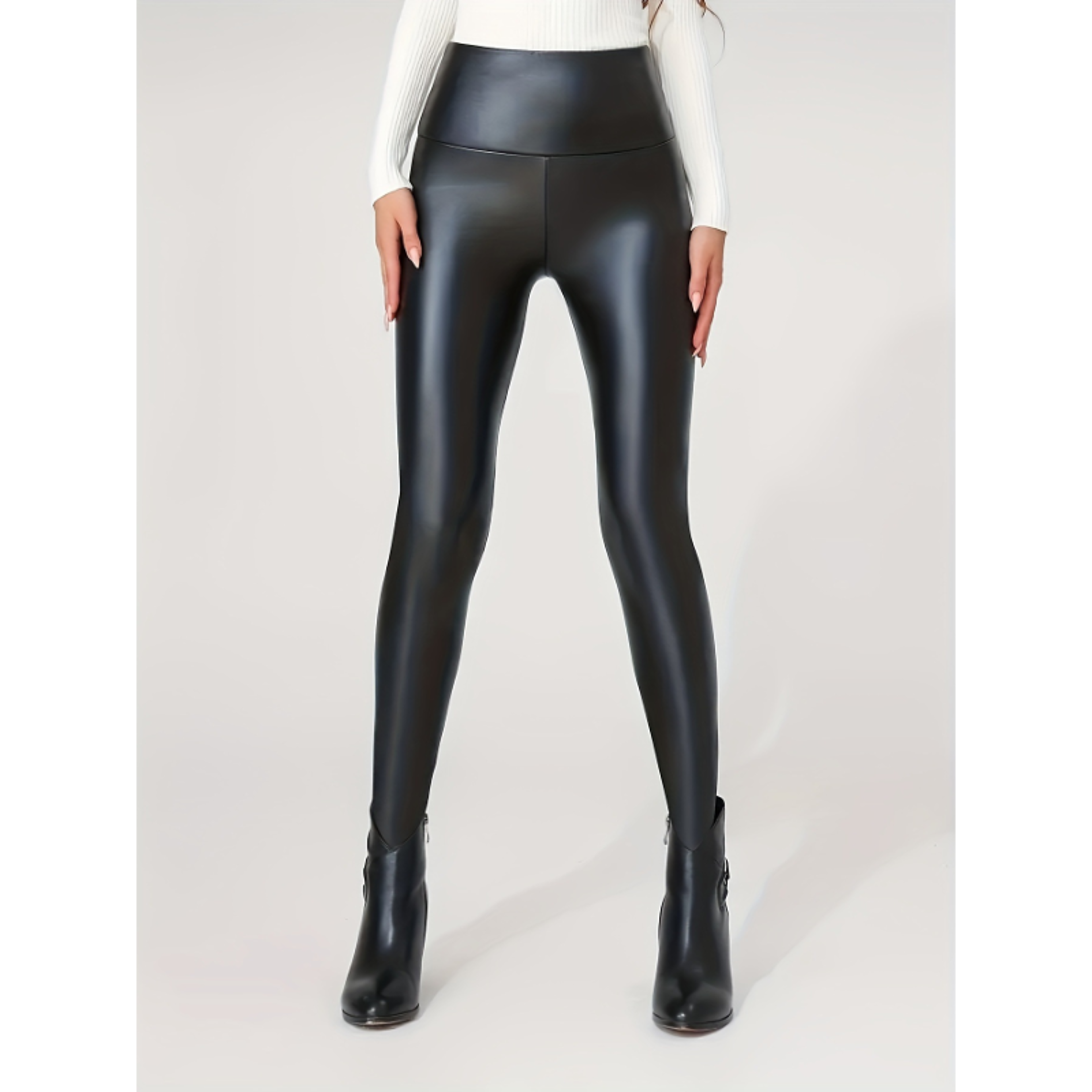 Women's High-Waisted Faux Leather Leggings with Stretchy Ankle-Length Fit – view 3