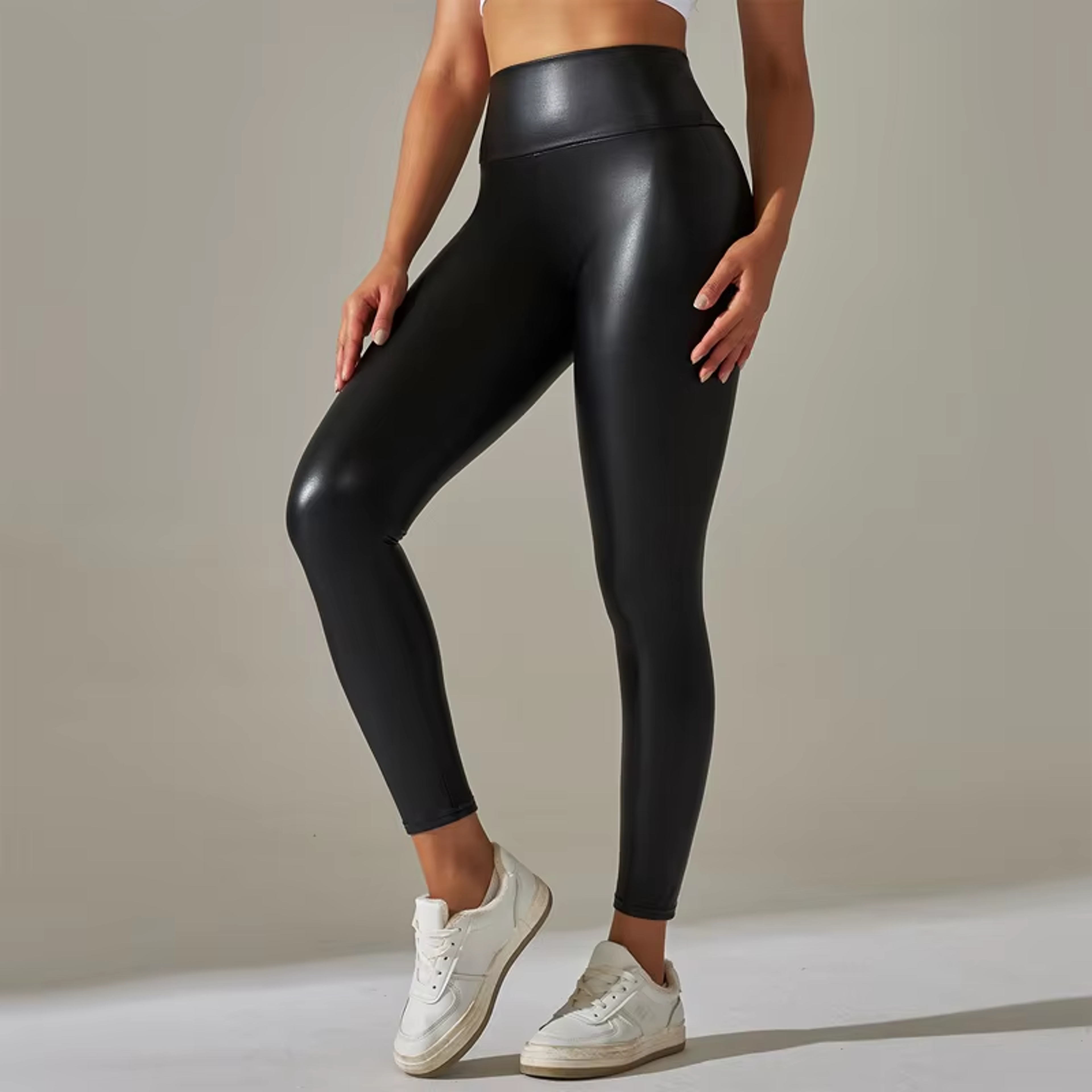 Women's High-Waisted Faux Leather Leggings with Stretchy Ankle-Length Fit – view 7