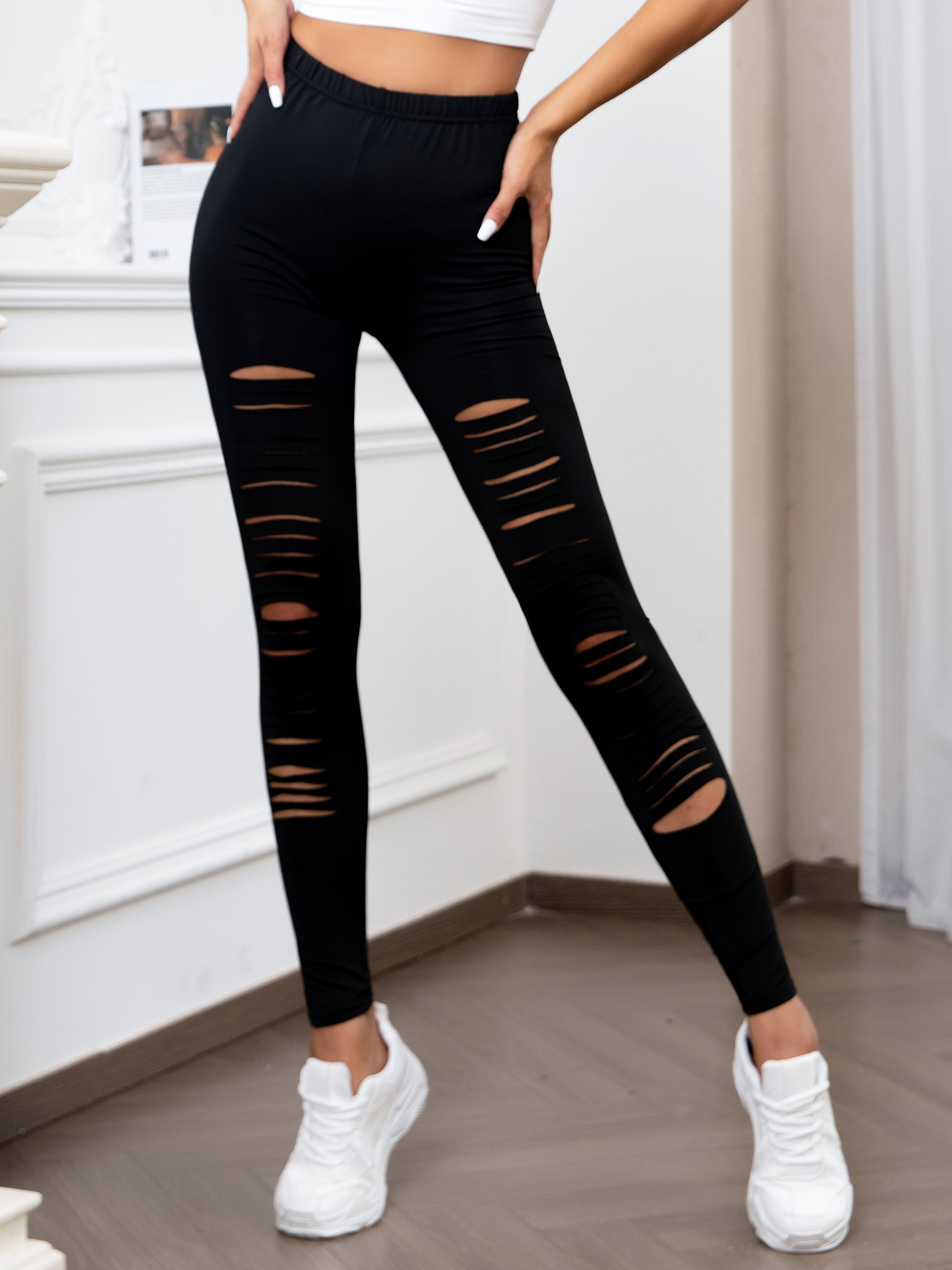 Women's High-Waisted Ripped Leggings with Stretchy Ankle-Length Fit – view 7