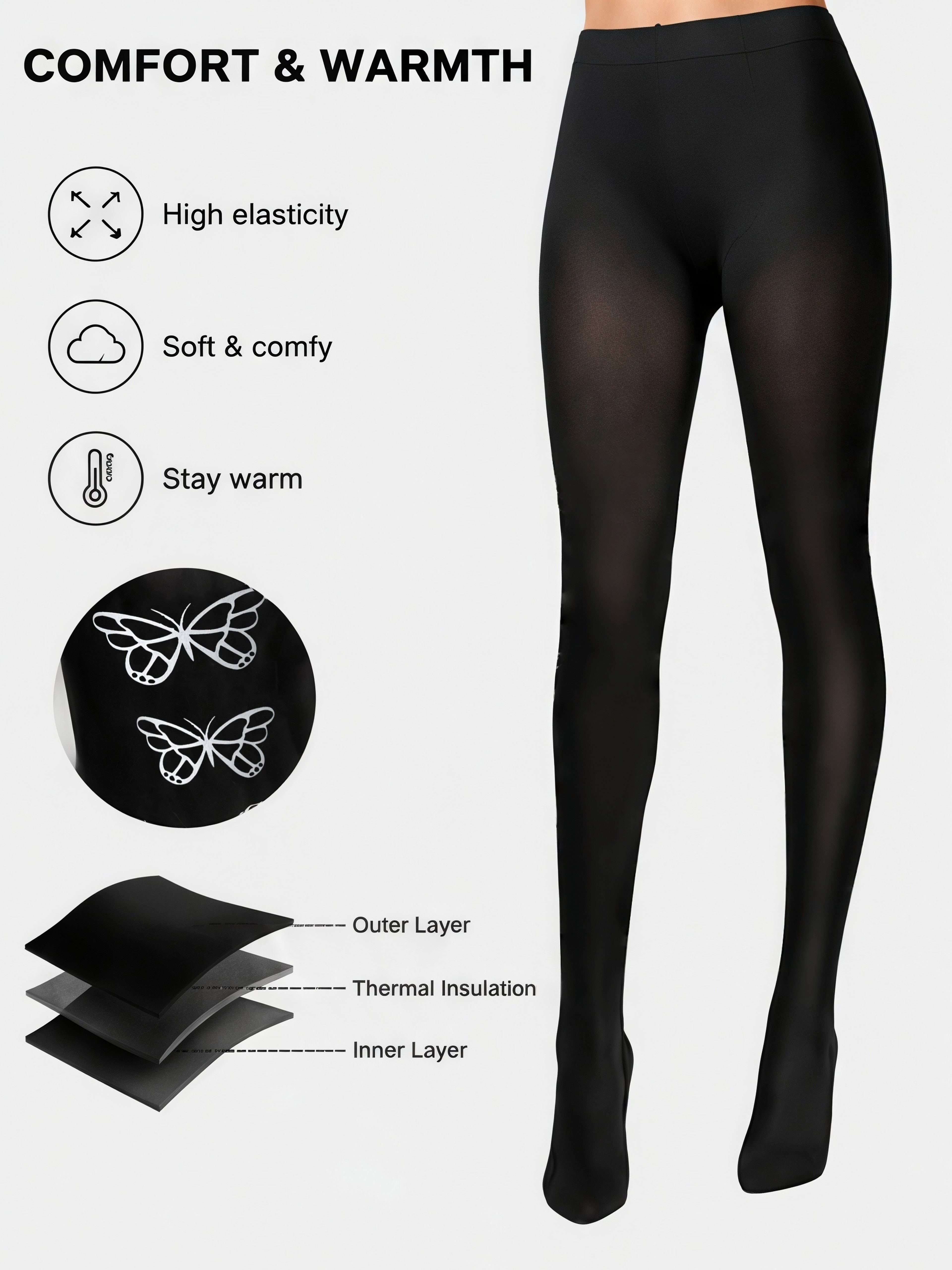 Women's High Waist Thermal Tights Stretch Seamless Black Pantyhose – view 2