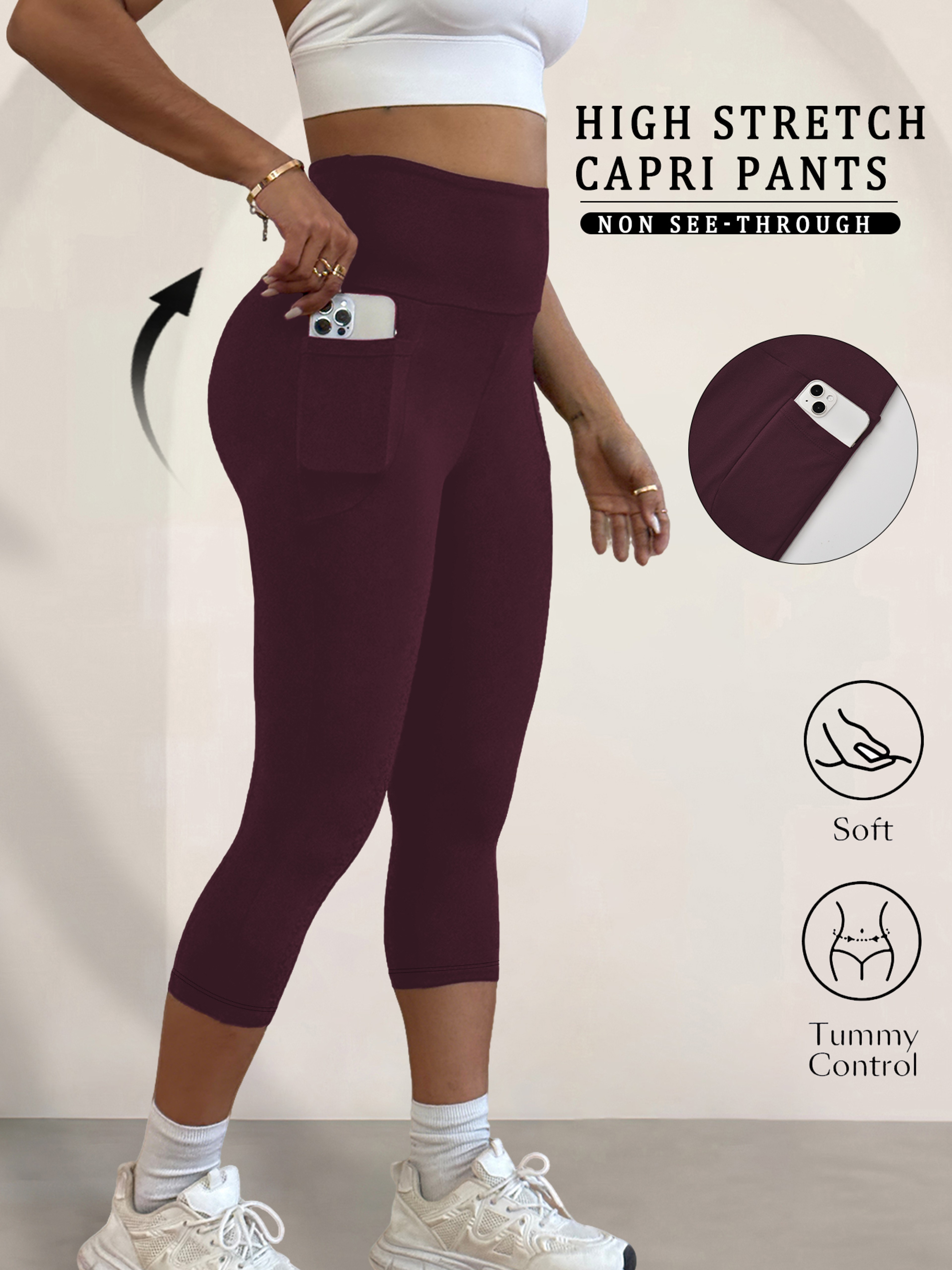 Womens High Waisted Capri Leggings With Pockets And Tummy Control 6