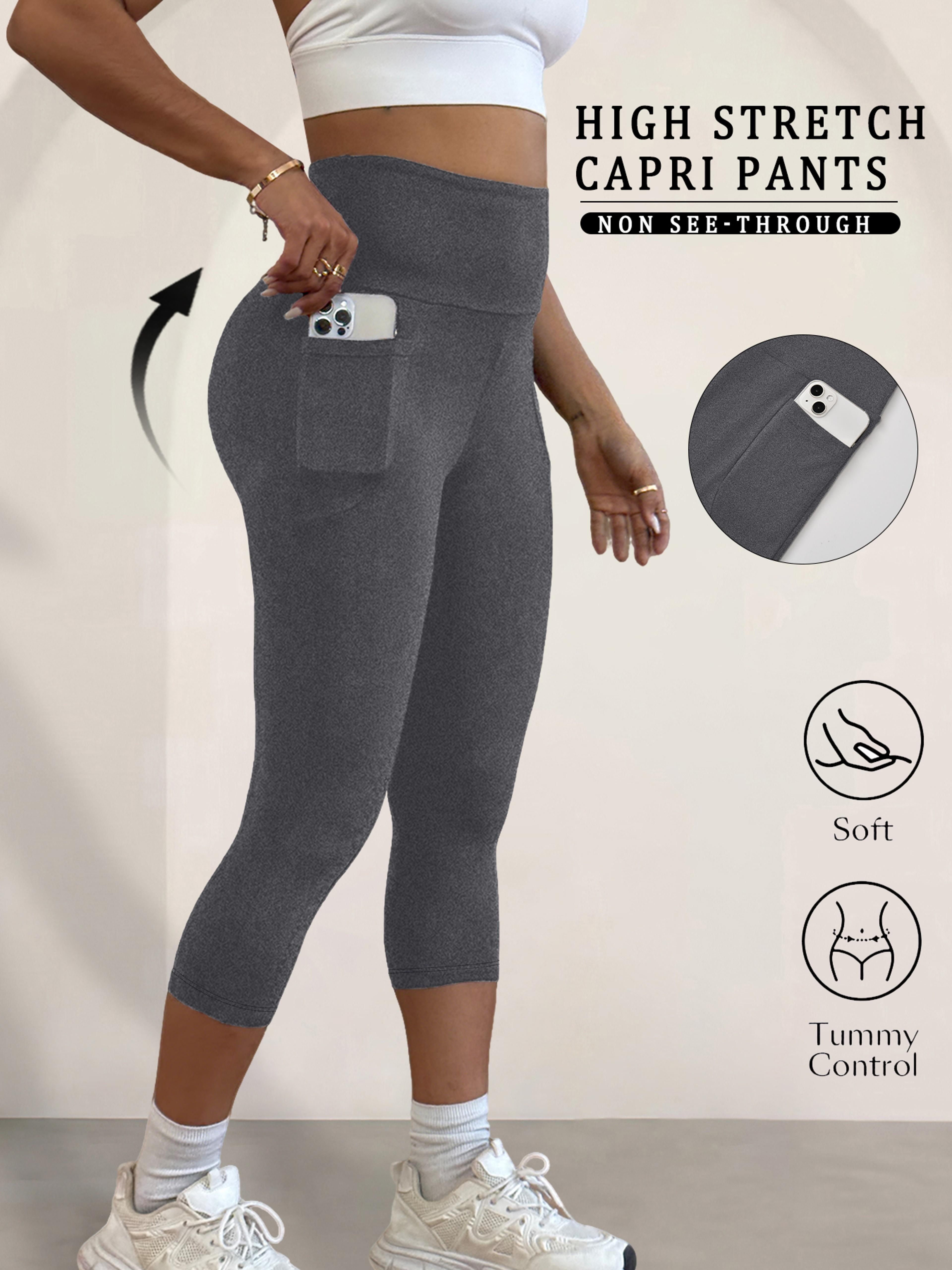 Womens High Waisted Capri Leggings With Pockets And Tummy Control 8