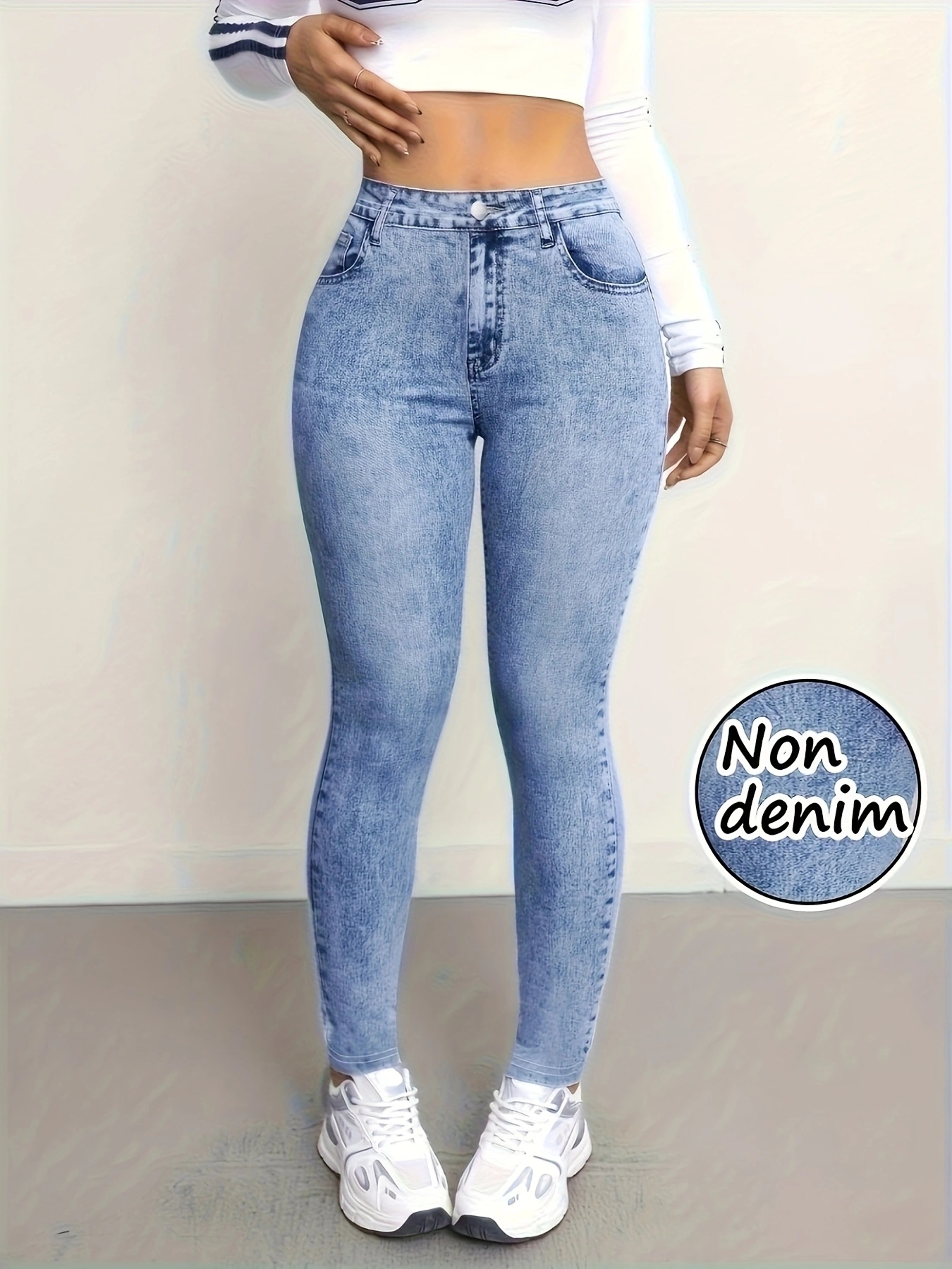 Women's High Waist Faux Denim Printed Stretch Leggings – Skinny Fit Jeggings – view 2