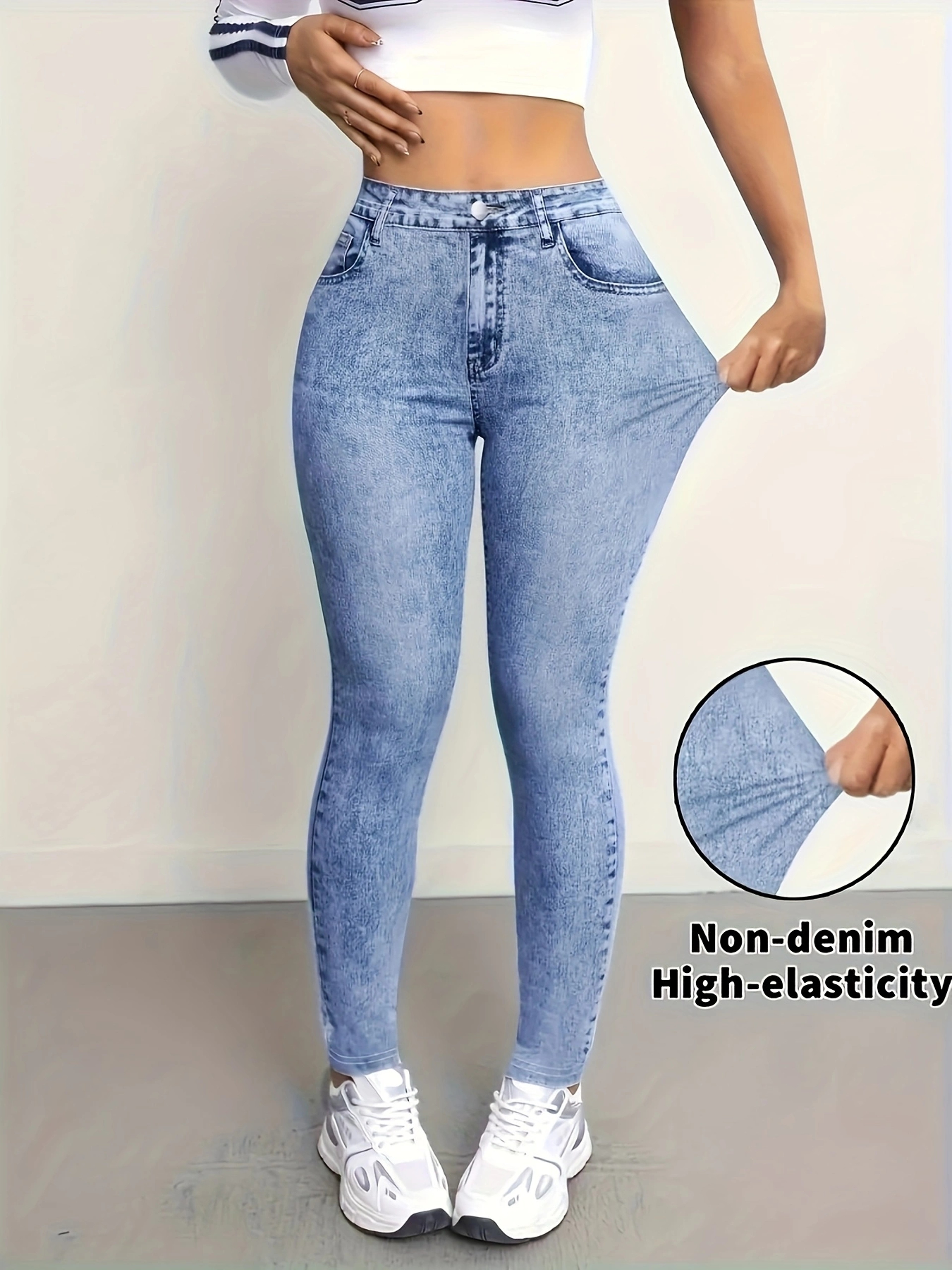 Women's High Waist Faux Denim Printed Stretch Leggings – Skinny Fit Jeggings – view 3