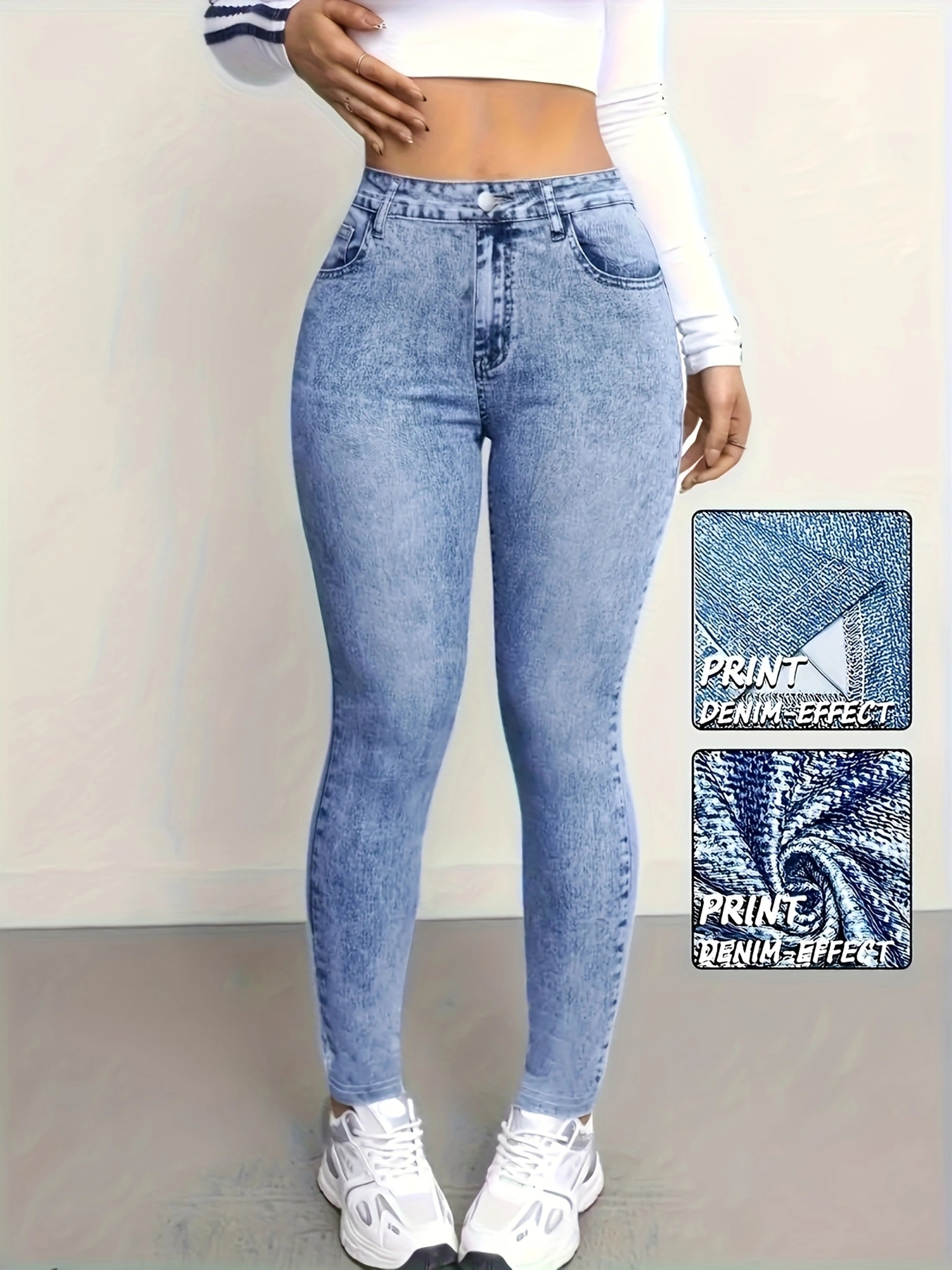Women's High Waist Faux Denim Printed Stretch Leggings – Skinny Fit Jeggings – view 7