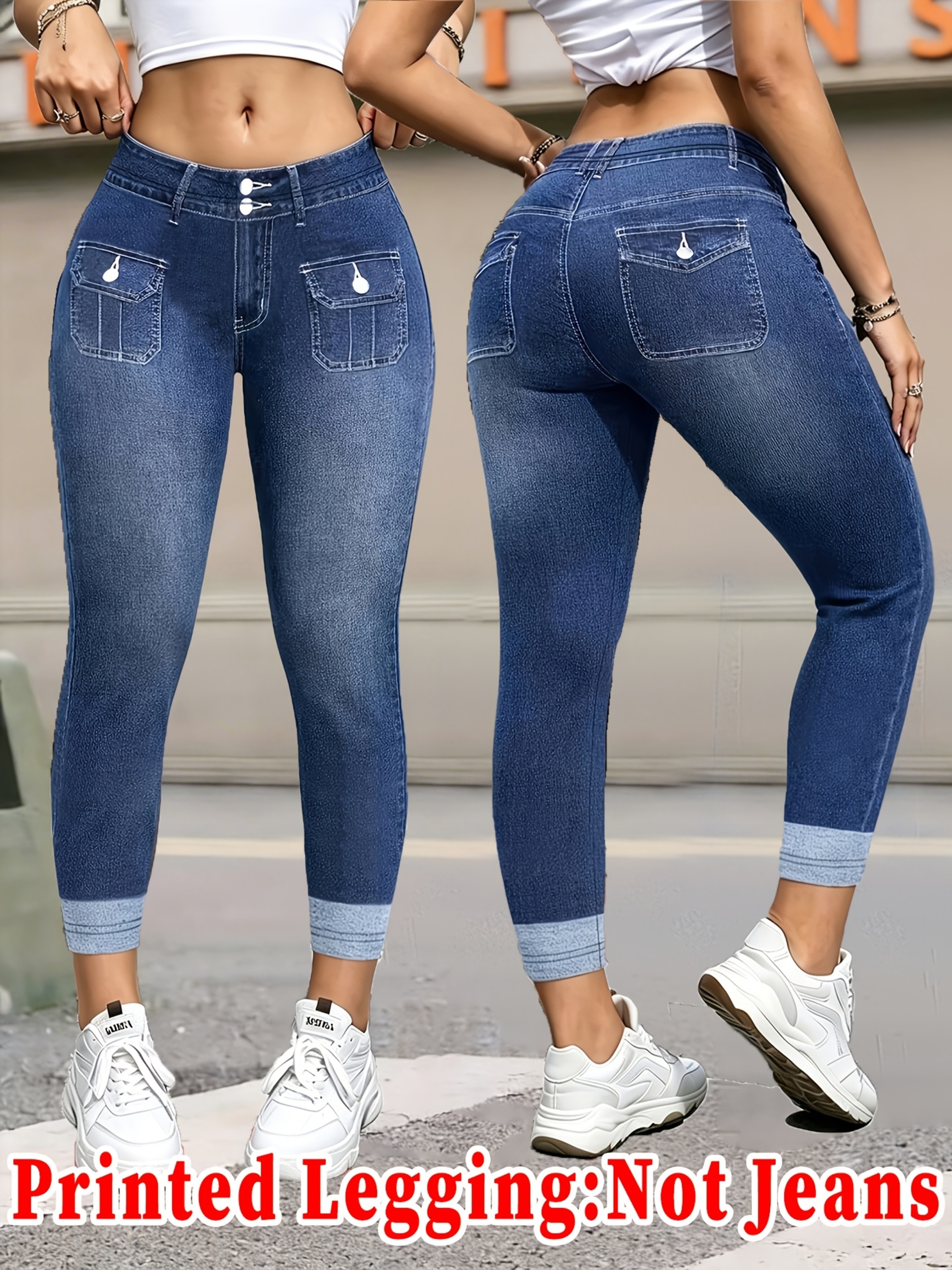 Women's High Waist Faux Denim Leggings with Double Button Pockets – view 1