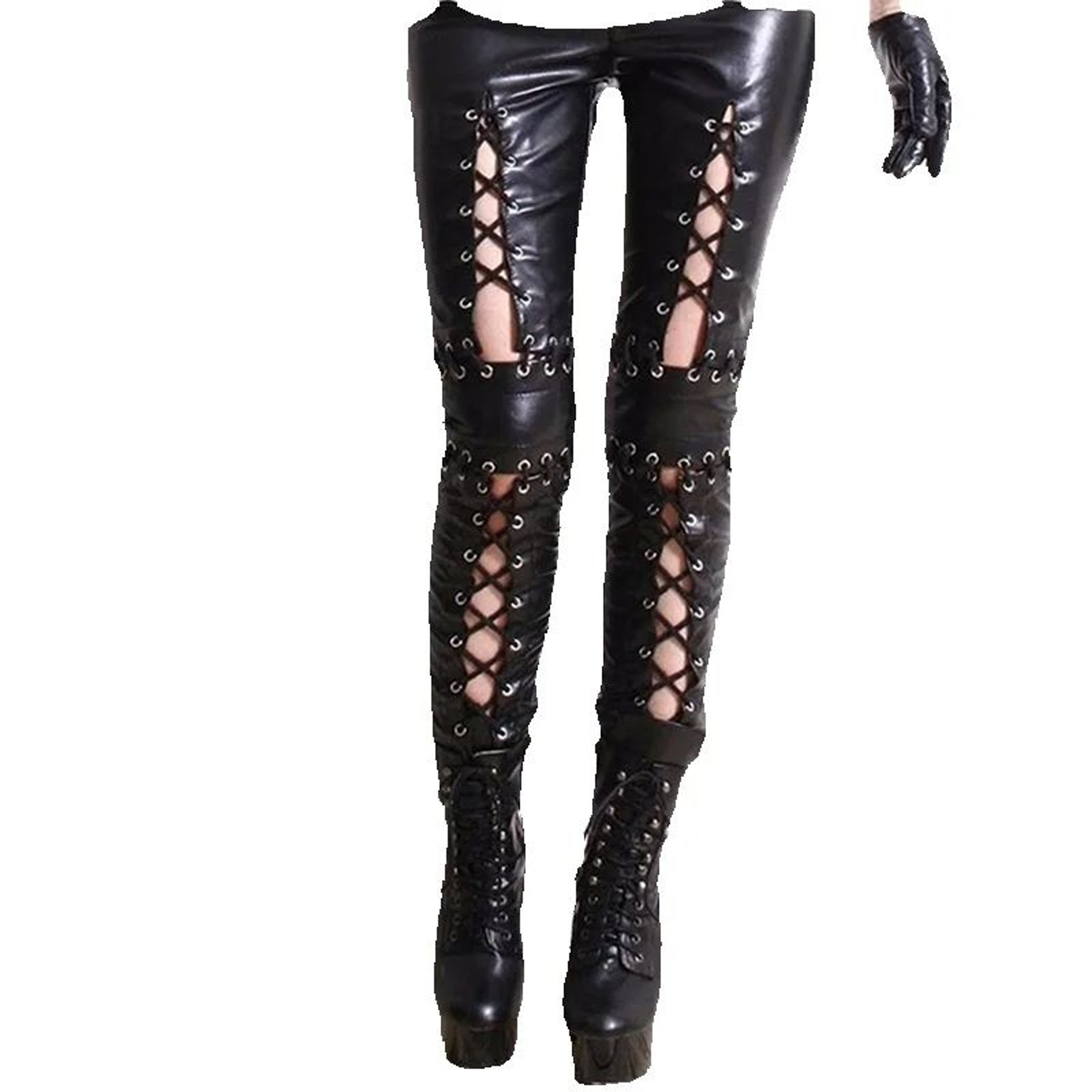 Women's Faux Leather Lace-Up Leggings Gothic Punk Rock Low-Waist Pants – view 1