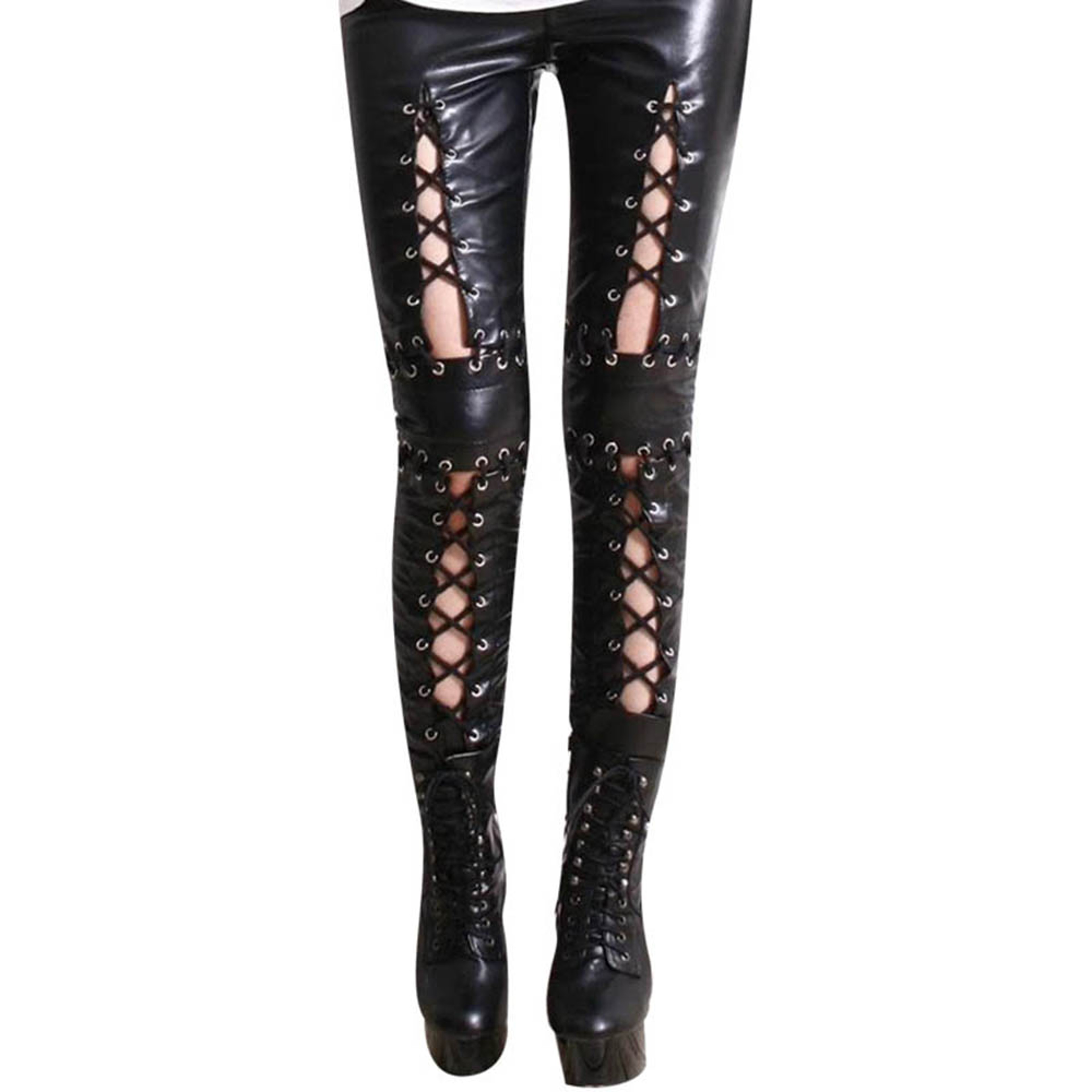 Women's Faux Leather Lace-Up Leggings Gothic Punk Rock Low-Waist Pants – view 3