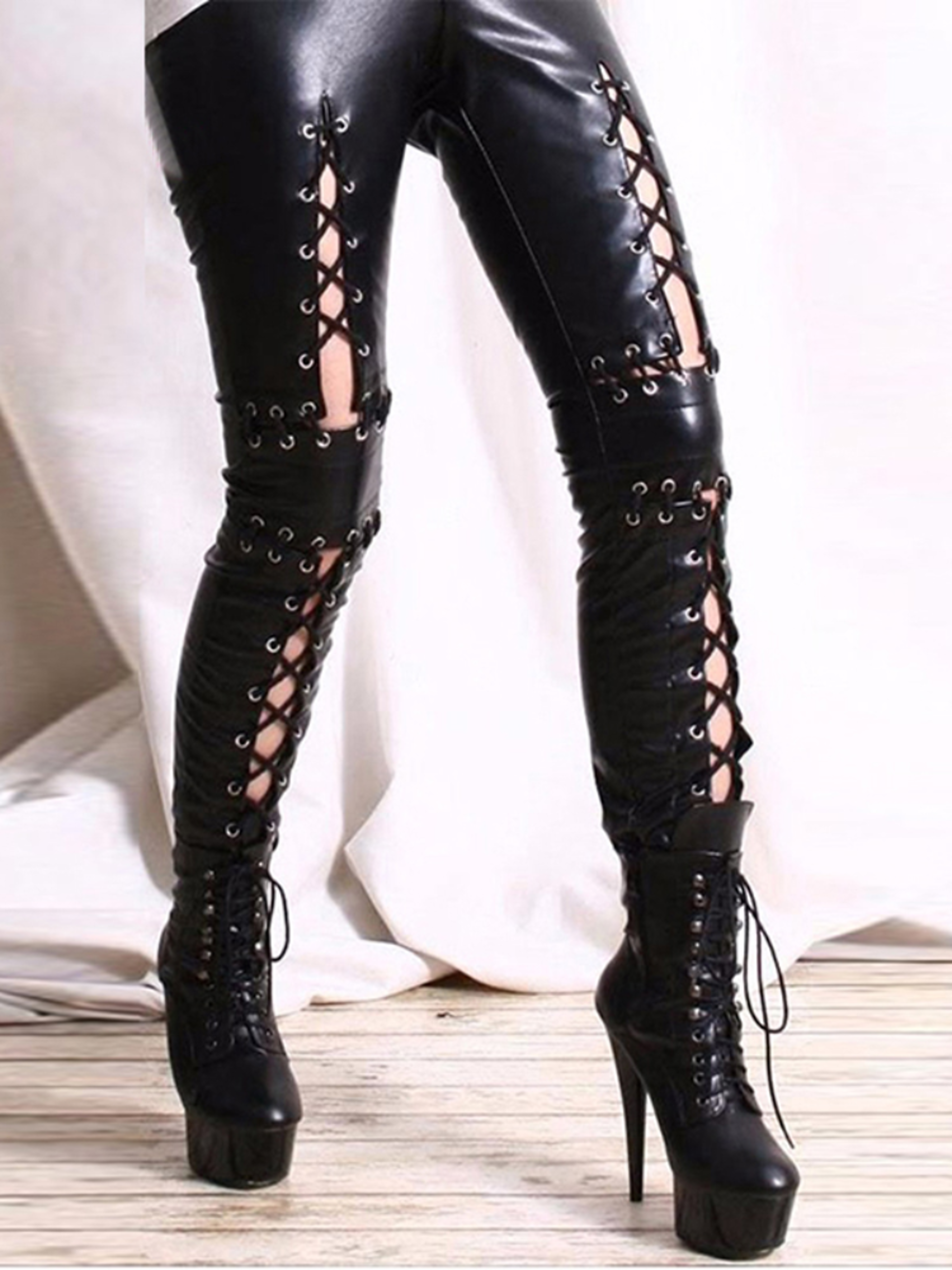 Women's Faux Leather Lace-Up Leggings Gothic Punk Rock Low-Waist Pants – view 5