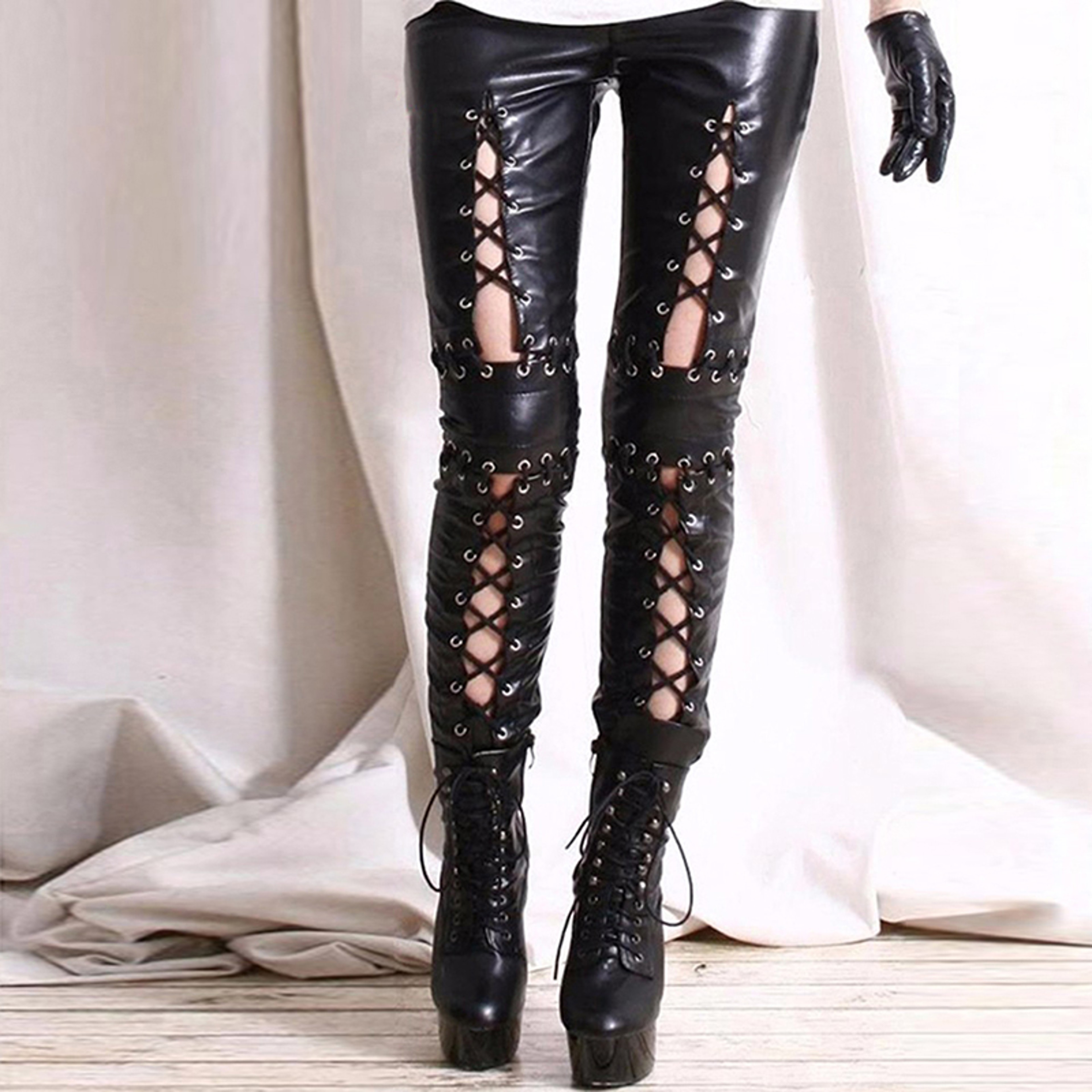 Women's Faux Leather Lace-Up Leggings Gothic Punk Rock Low-Waist Pants – view 7