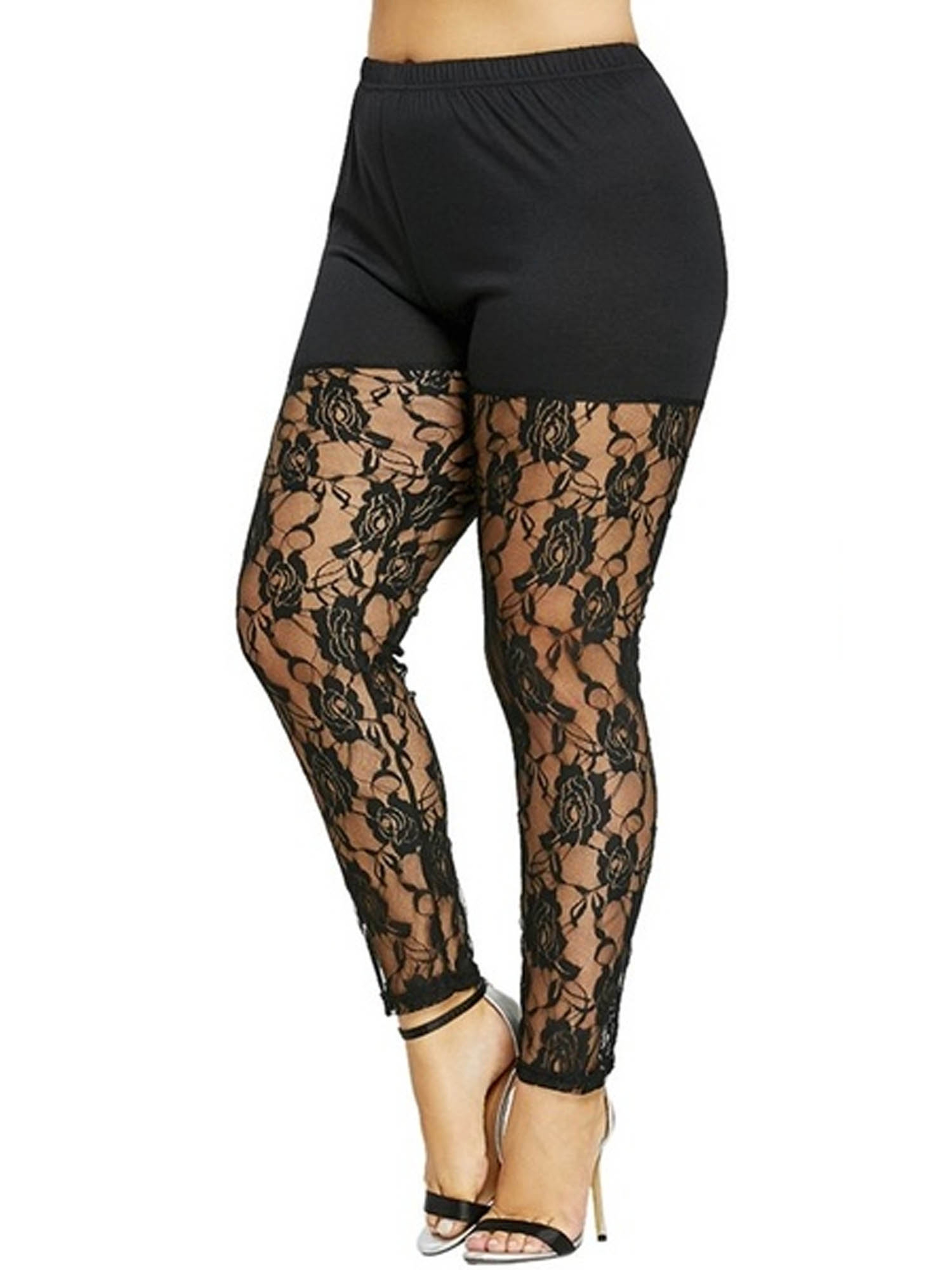 Women's Plus Size High Waist Leggings with Sheer Floral Lace Detailing – view 2