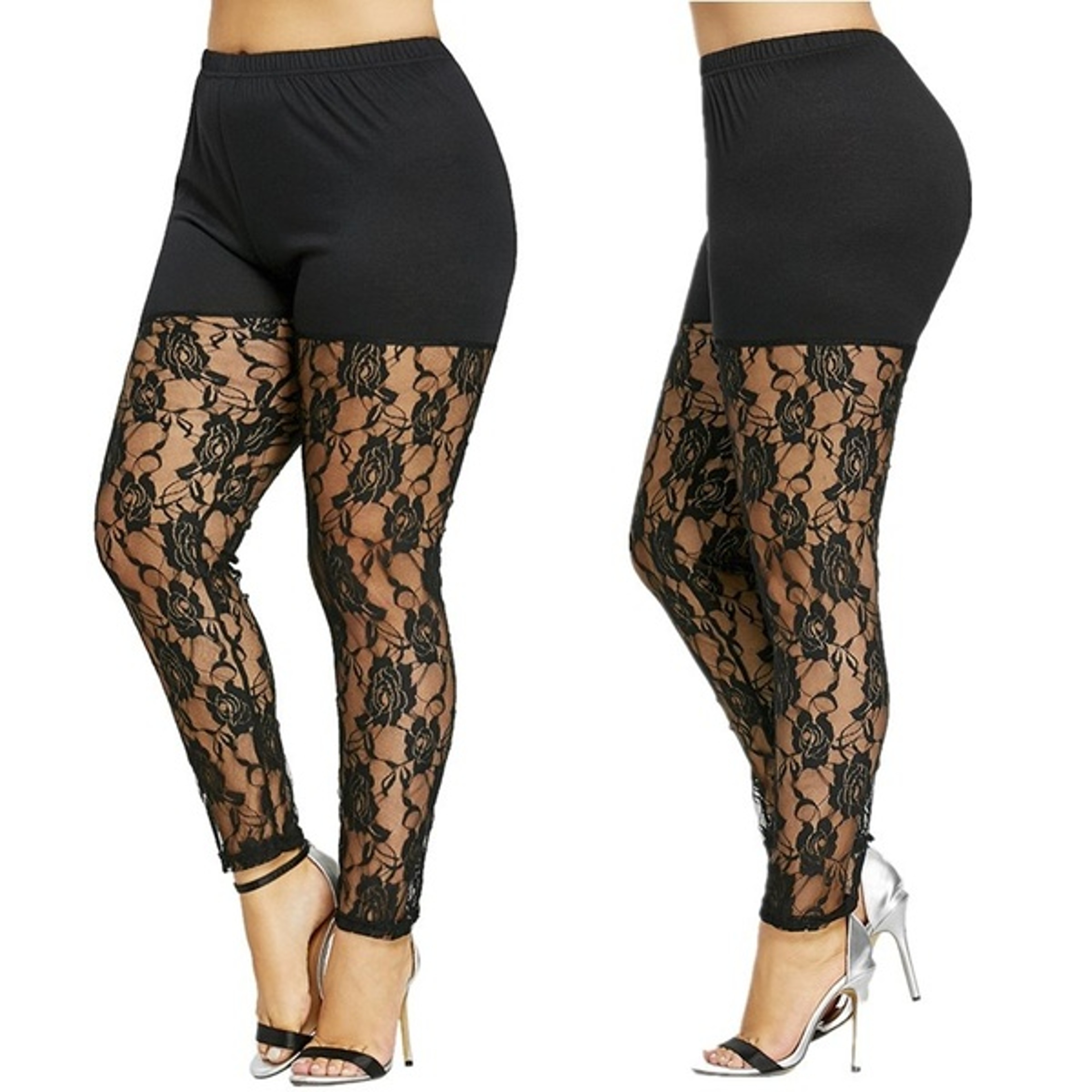 Women's Plus Size High Waist Leggings with Sheer Floral Lace Detailing – view 7