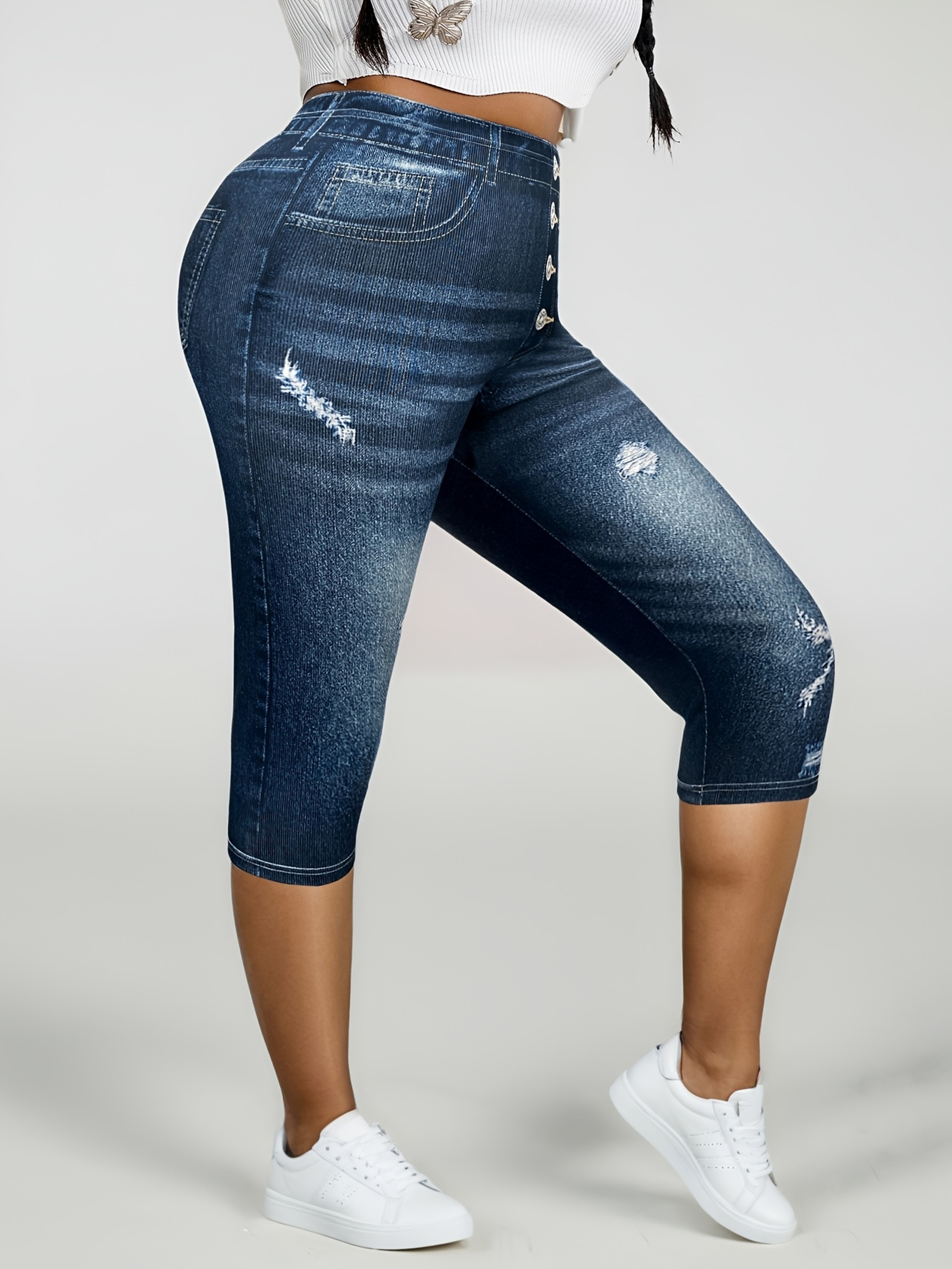Plus Size Womens High Stretch DenimLook Printed Seamless Leggings 0
