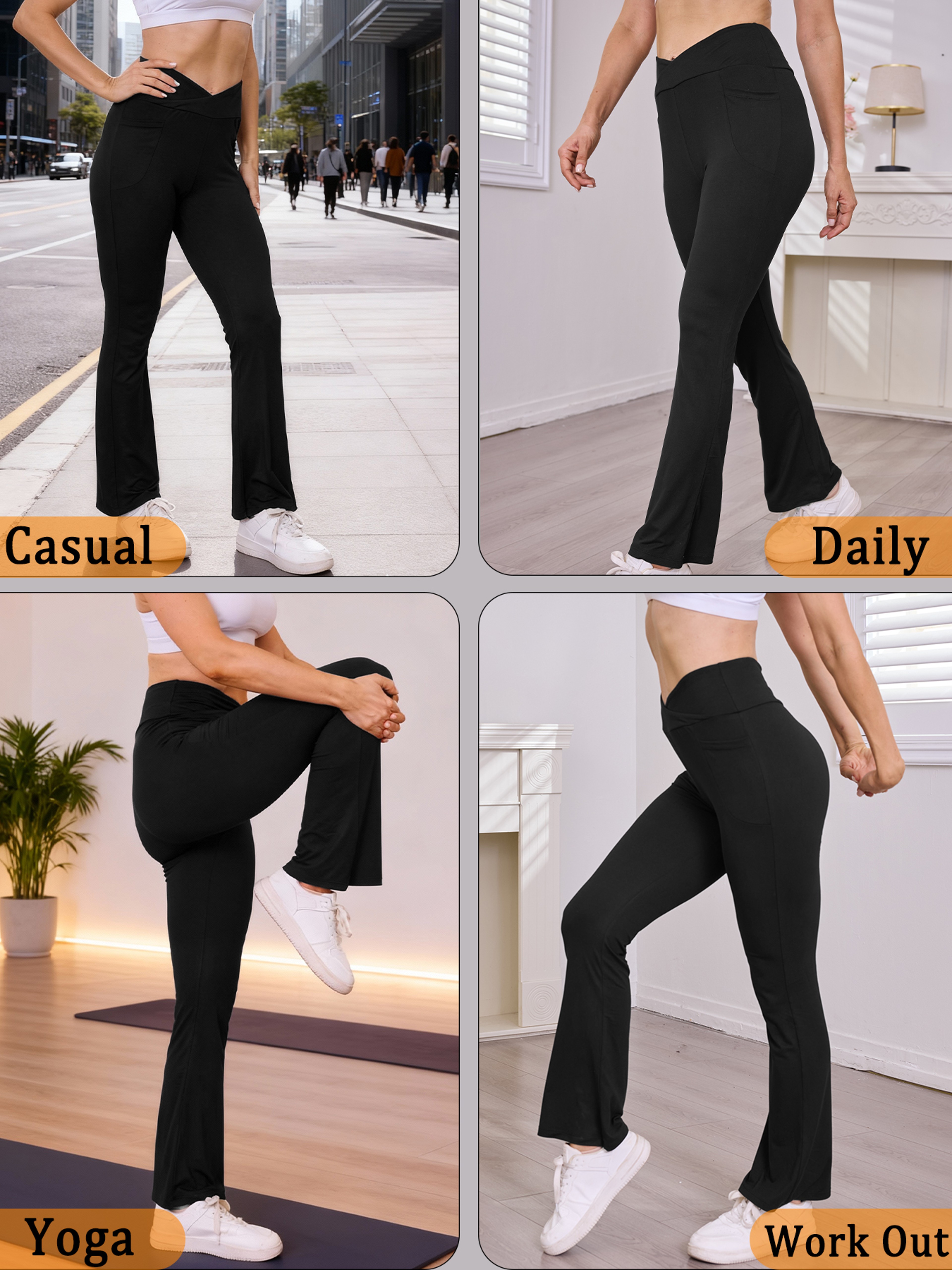 Women's High Waisted Flare Leggings with Crossover Waist and Side Pockets – view 3