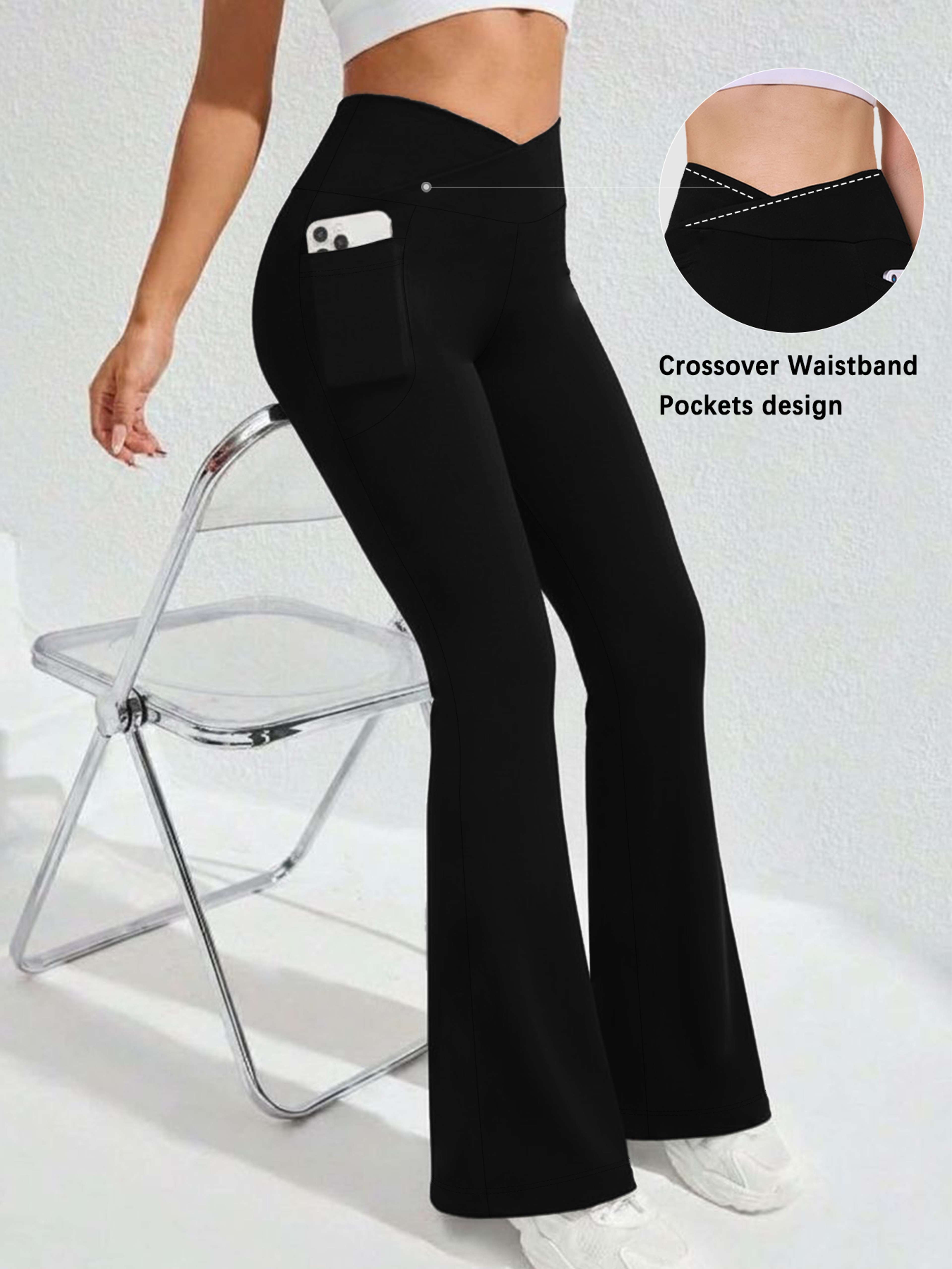 Women's High Waisted Flare Leggings with Crossover Waist and Side Pockets – view 6