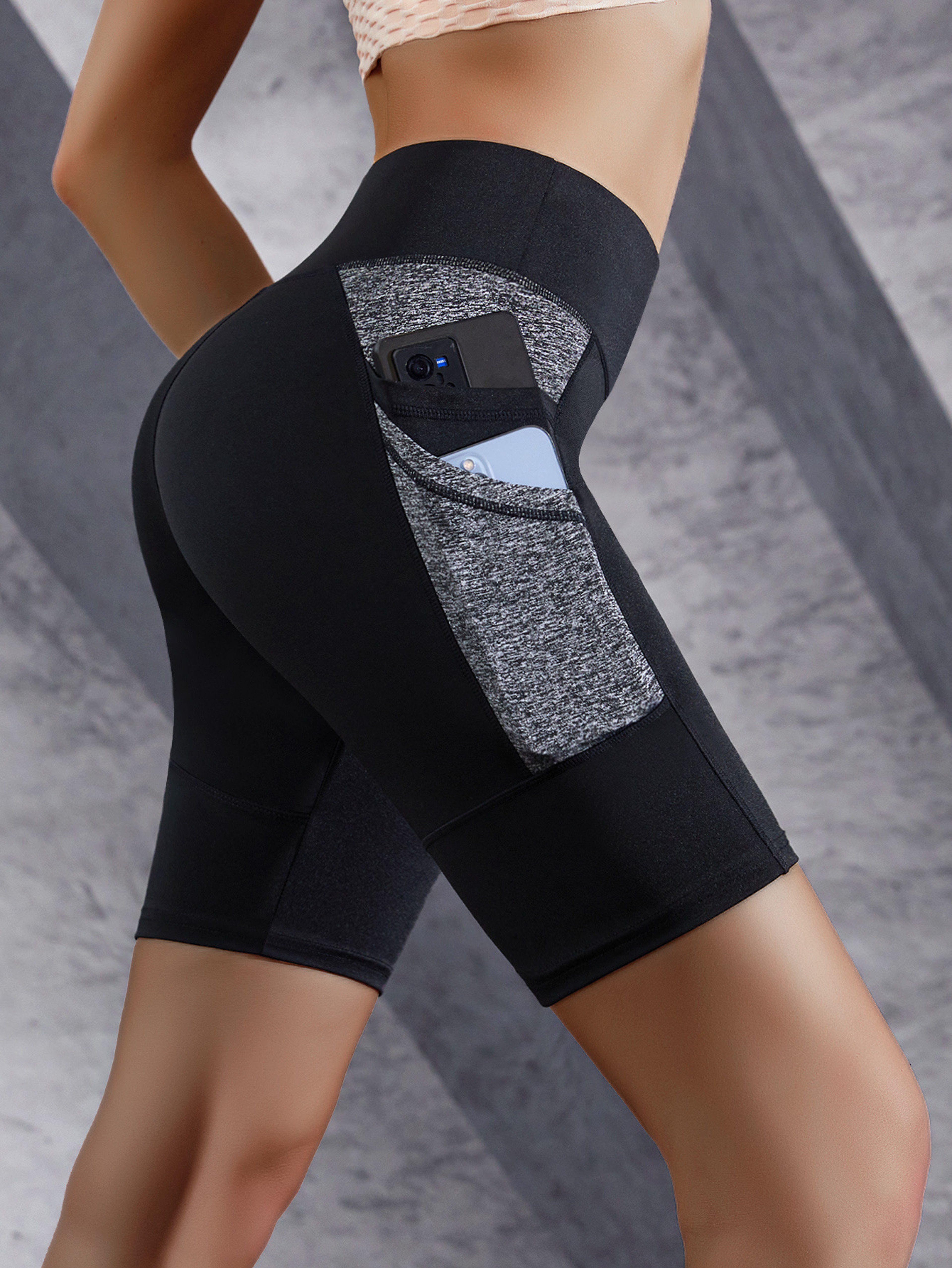 Women's High Waisted Workout Shorts with Contrast Panels and Zipper Pockets – view 2