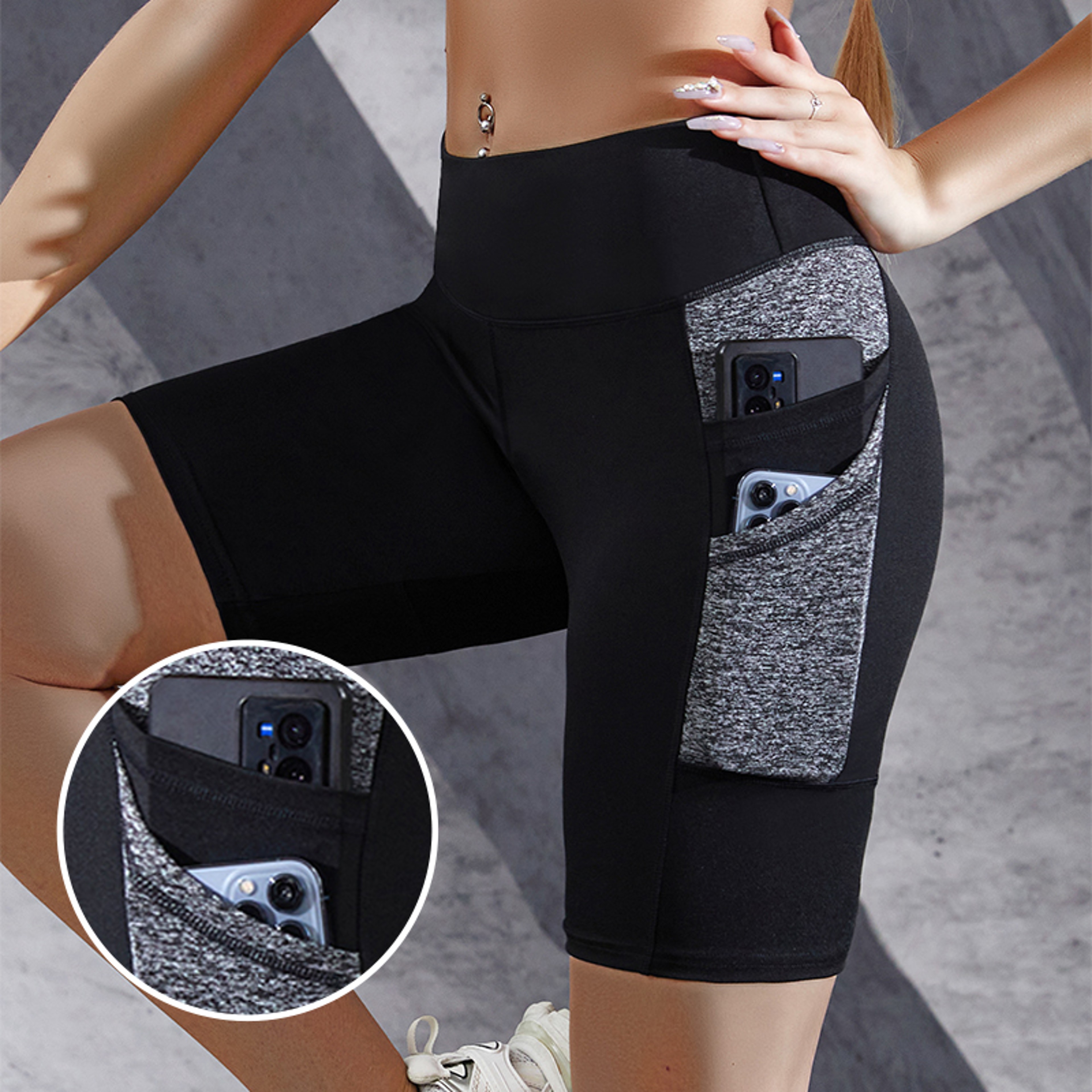 Women's High Waisted Workout Shorts with Contrast Panels and Zipper Pockets – view 4
