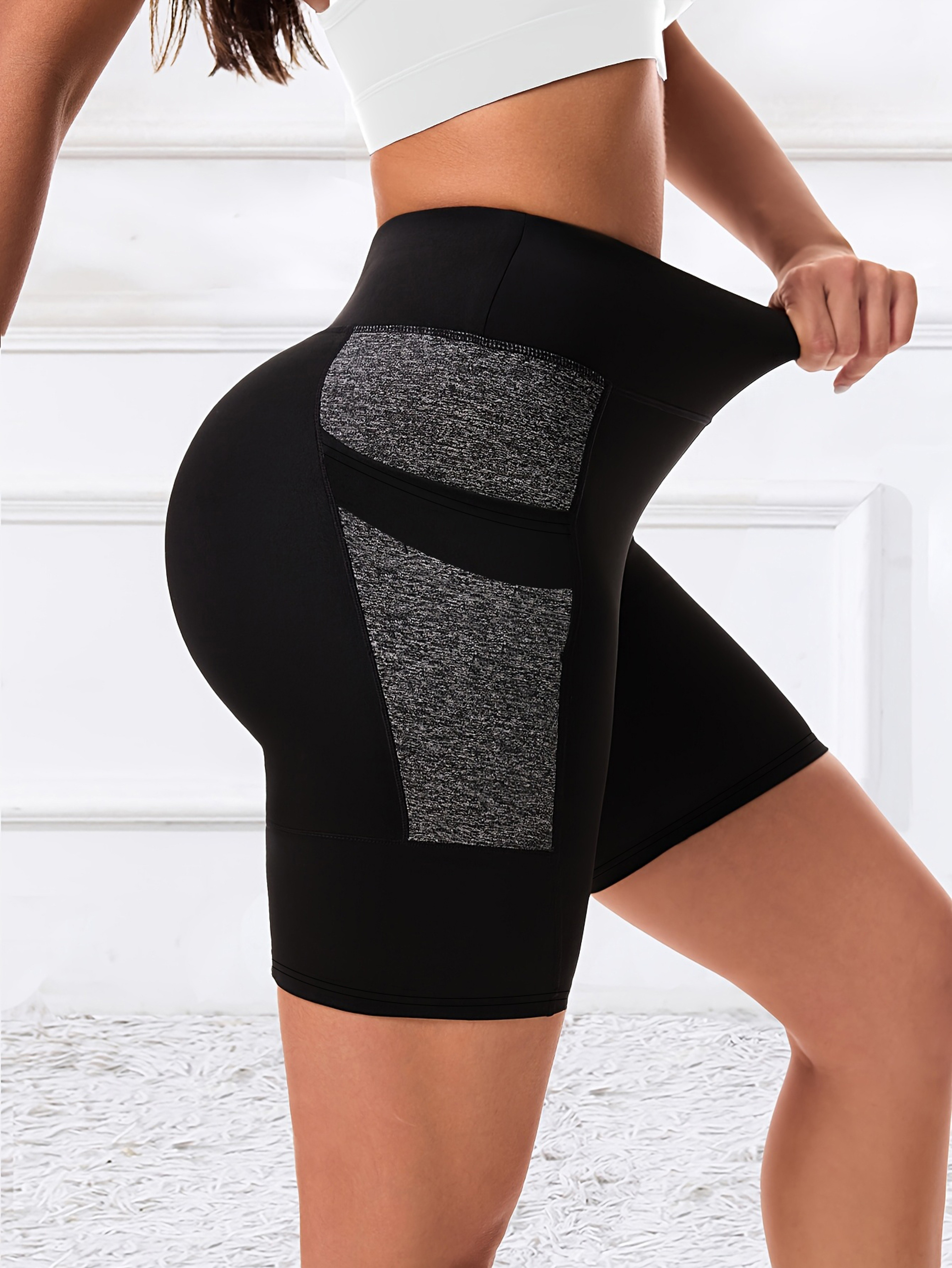 Women's High Waisted Workout Shorts with Contrast Panels and Zipper Pockets – view 6