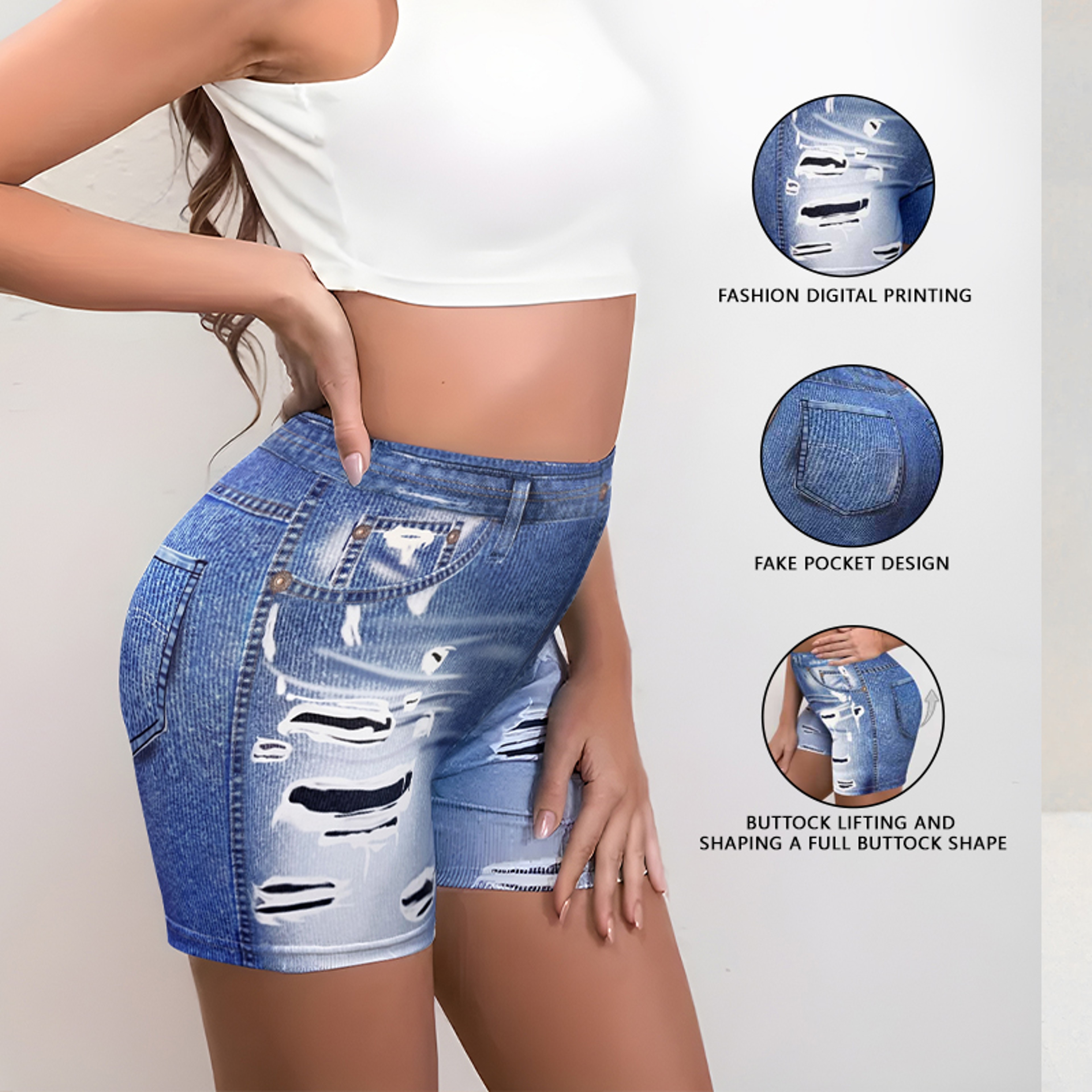 Womens High Waisted Stretch Shorts With NonDenim Print For Casual Summer Wear 2
