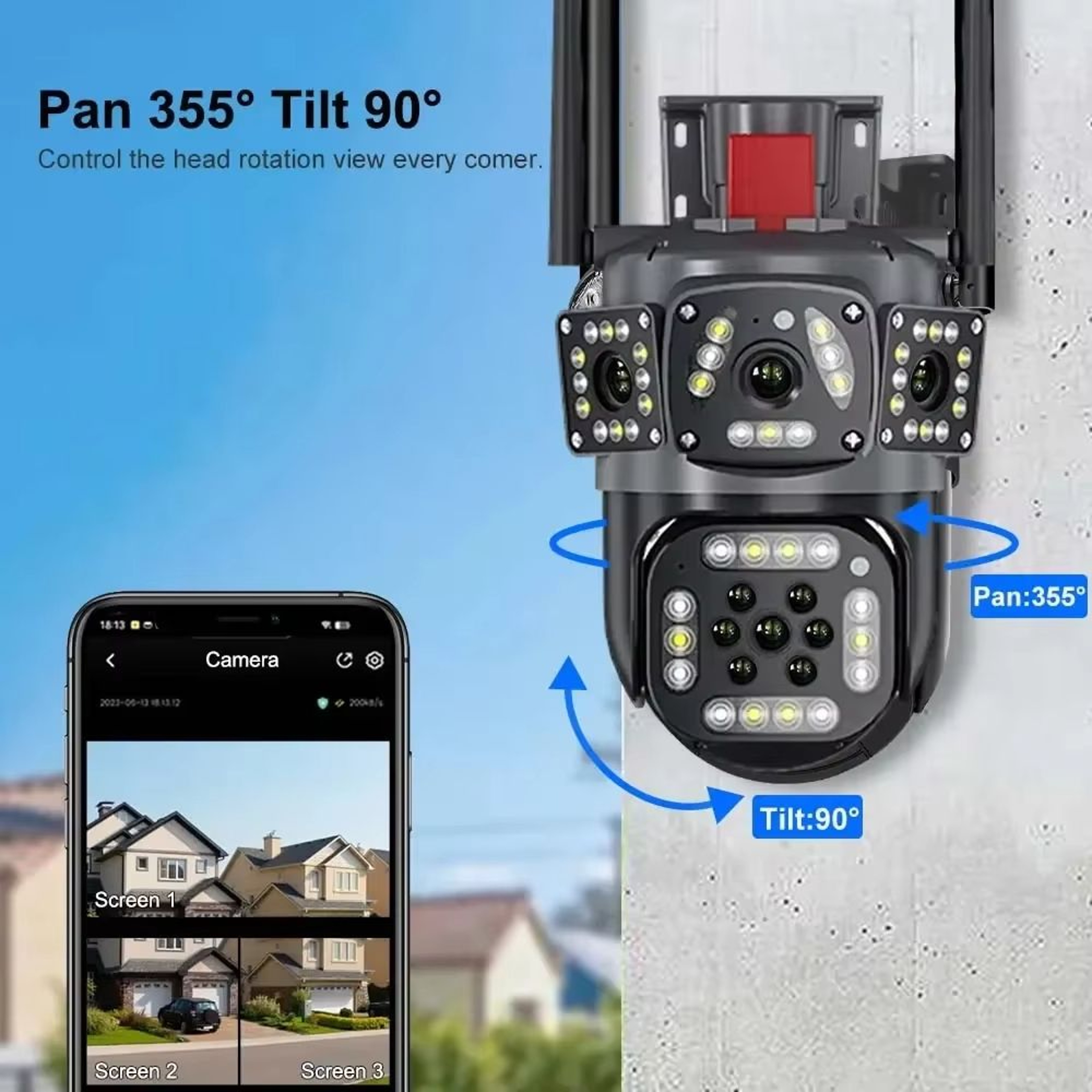 6K 12MP WiFi Surveillance Camera Outdoor Triple Lens Triple Screen PTZ Motion Detection IP Security 3