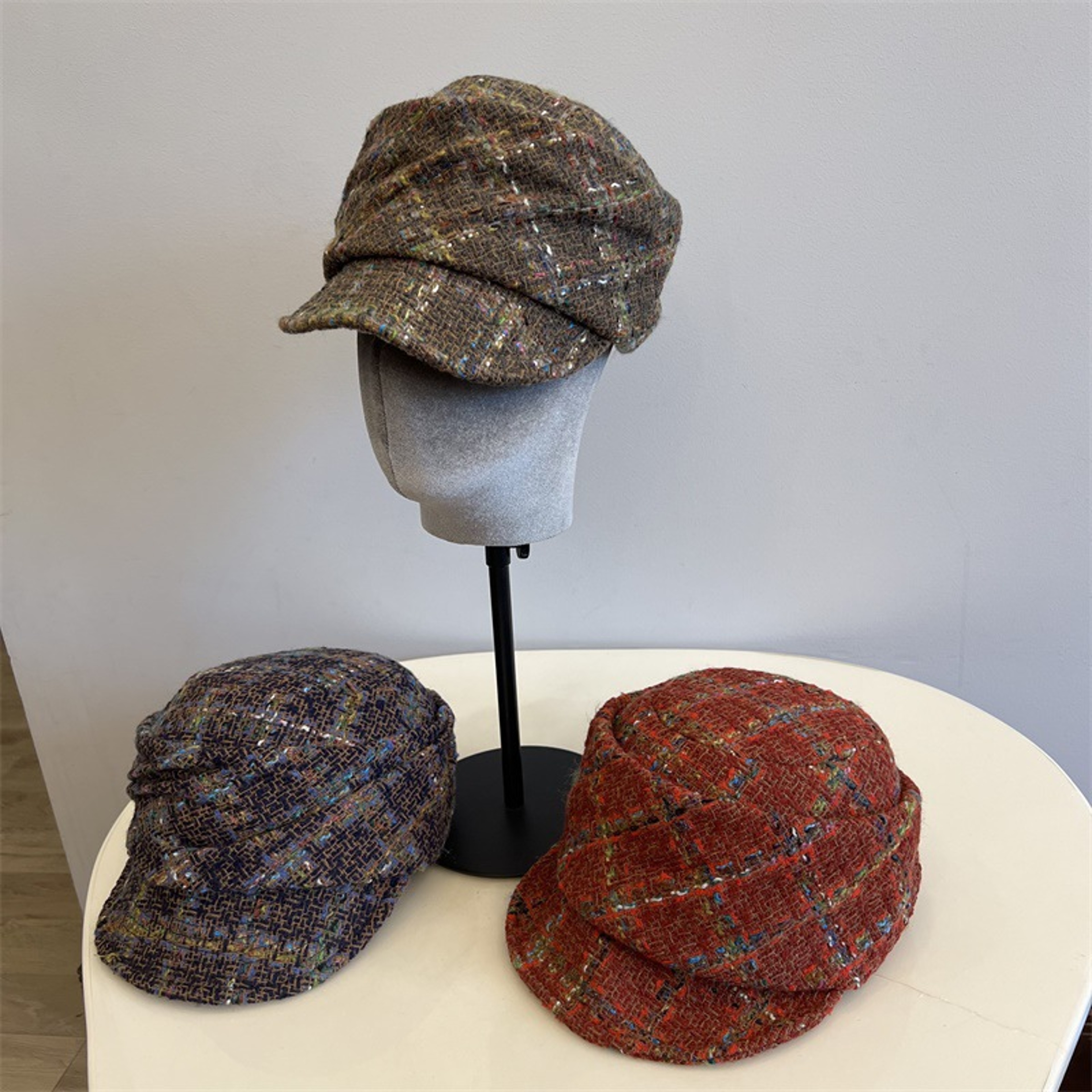 French Tweed Beret Hat Women Winter Warm Literary Style Equestrian Cap 0