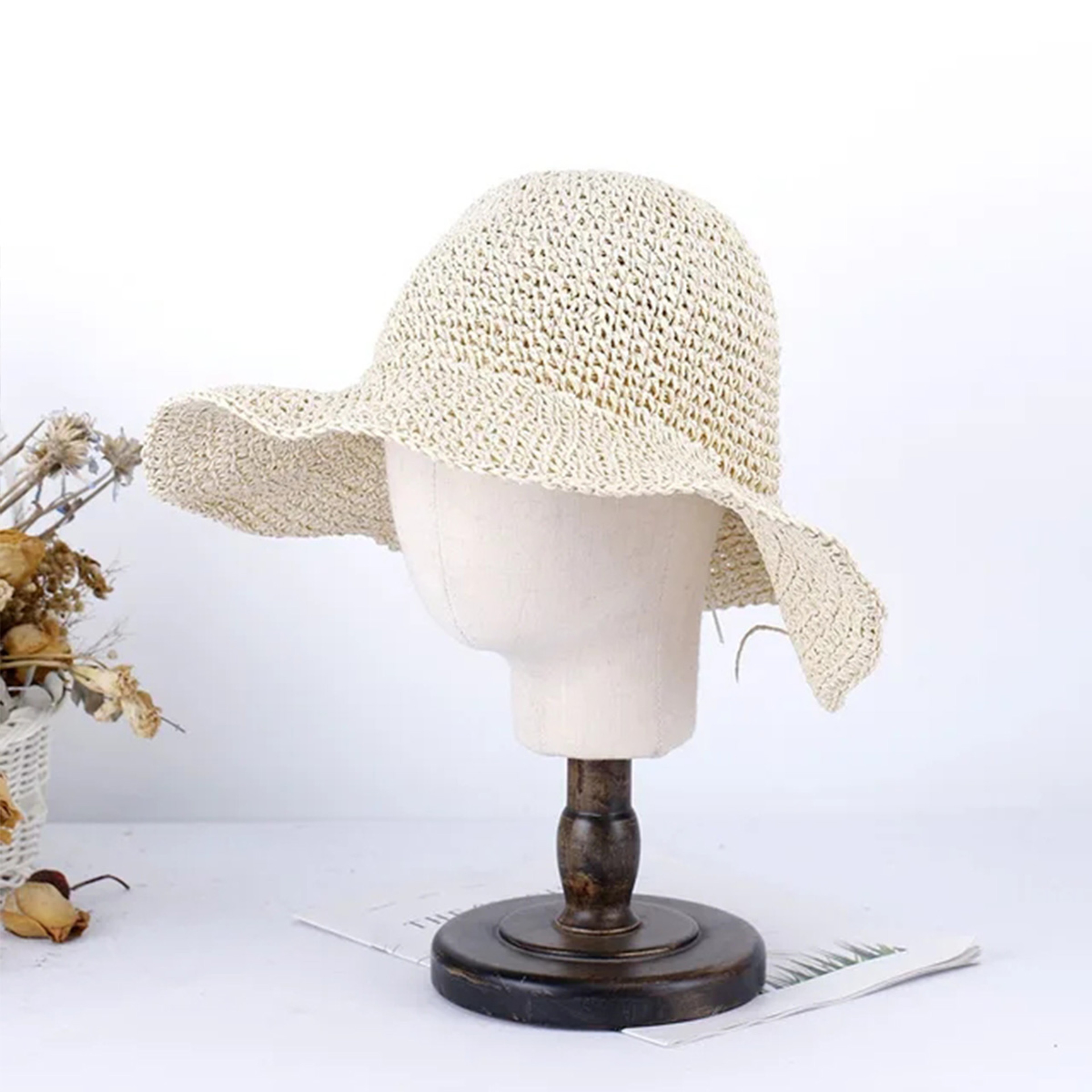 Korean Straw Sun Hat For Women Wide Brim Beach Visor Bucket Hat 8