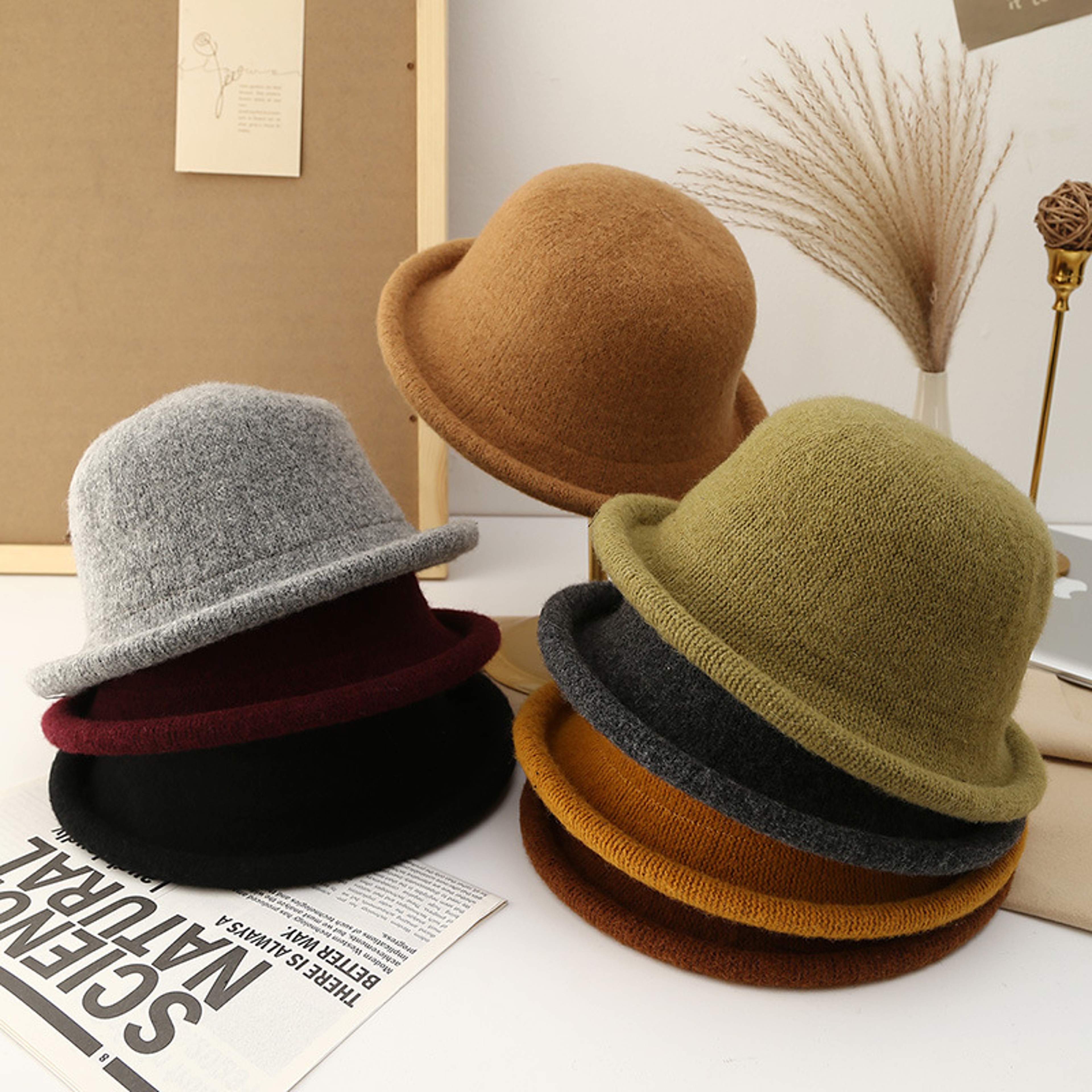 Women Winter Wool Fedora Hat Knitted British Rolled Brim Topper – view 1