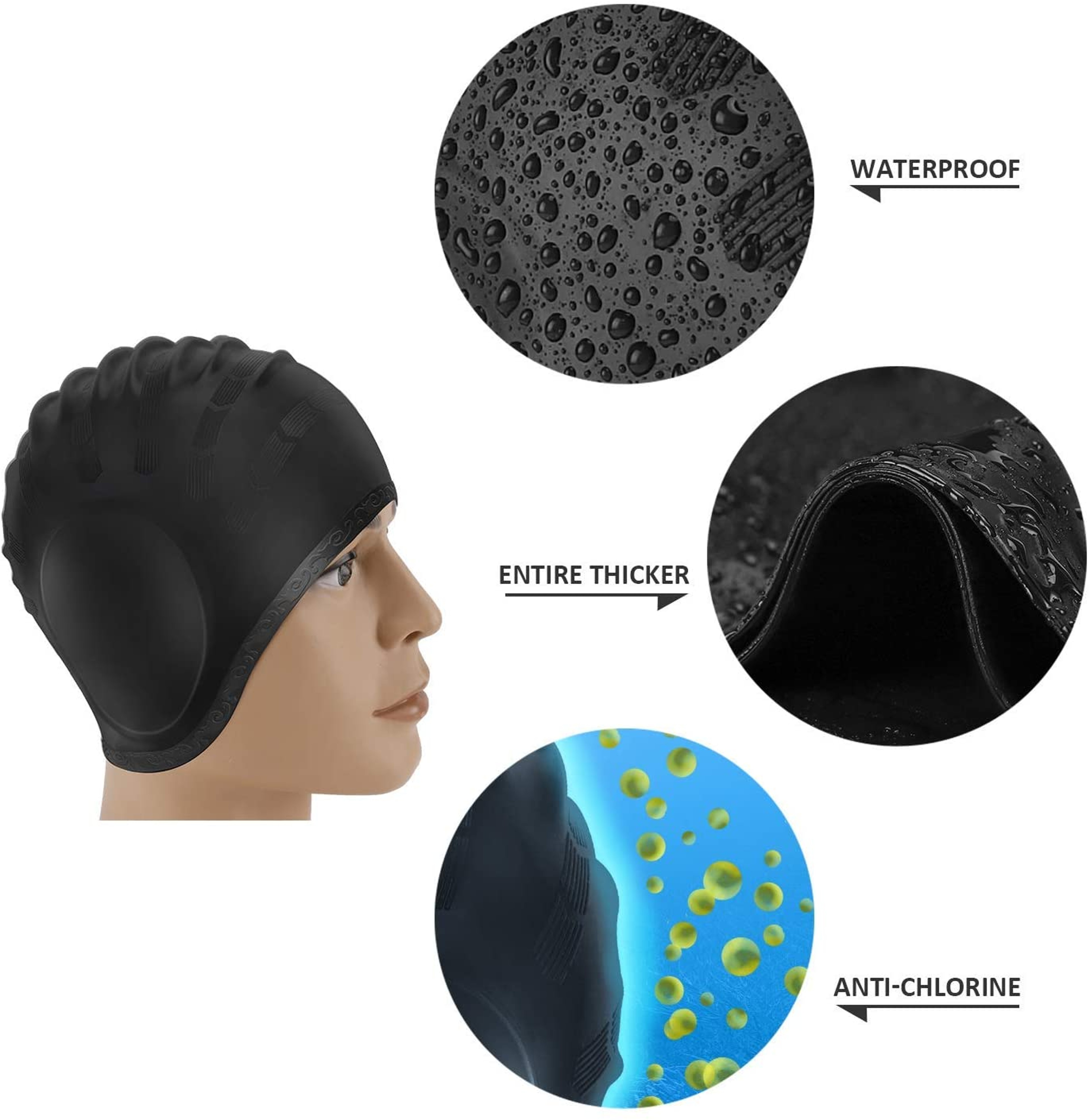Silicone Waterproof Swim Cap With Ear Protection For Long Hair Men Women 3