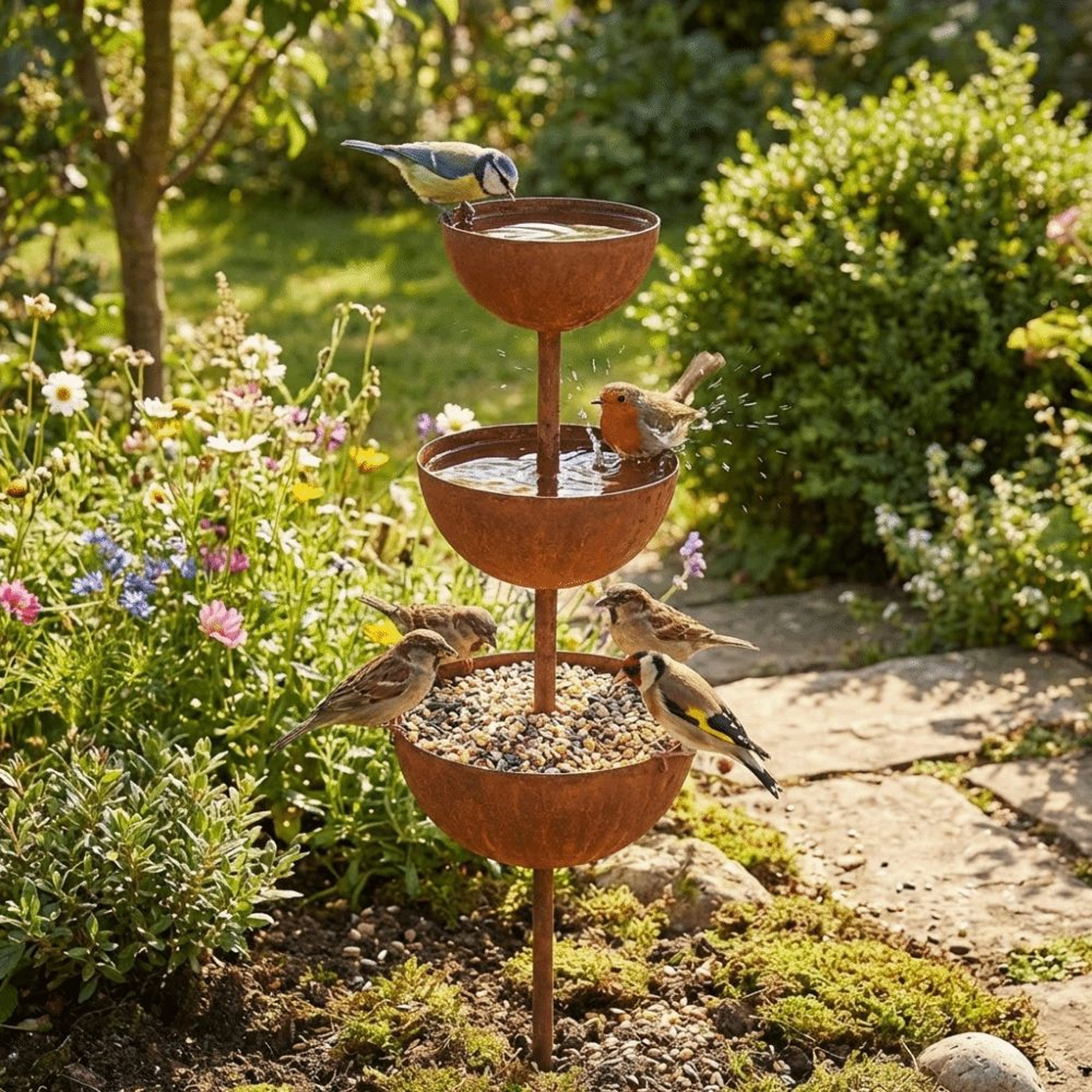 Vintage Iron Bird Bath Garden Stake Rain Catcher Decor 1