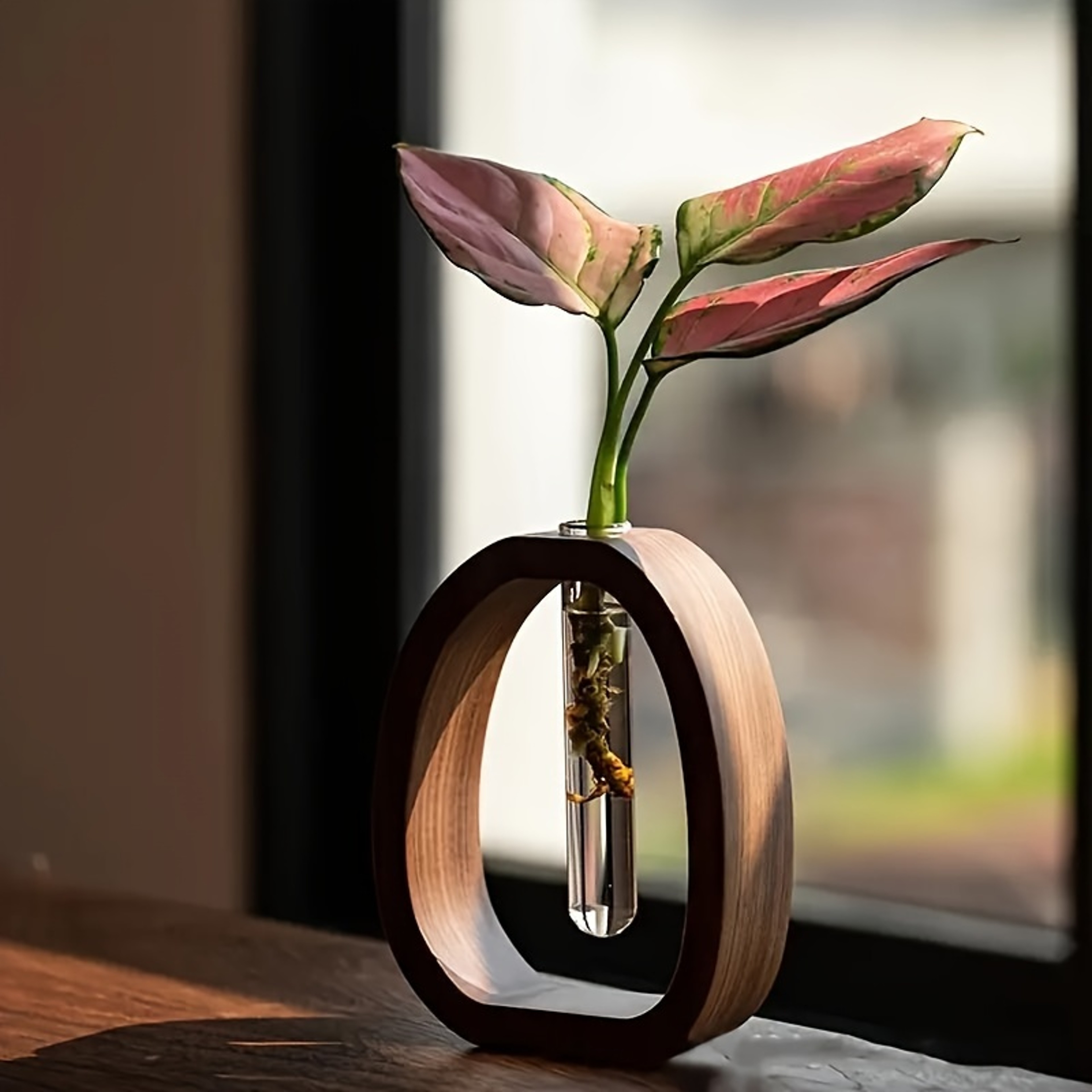 Walnut Wood Hydroponic Vase With Glass Tube Minimalist Plant Propagation Vase Decor 0
