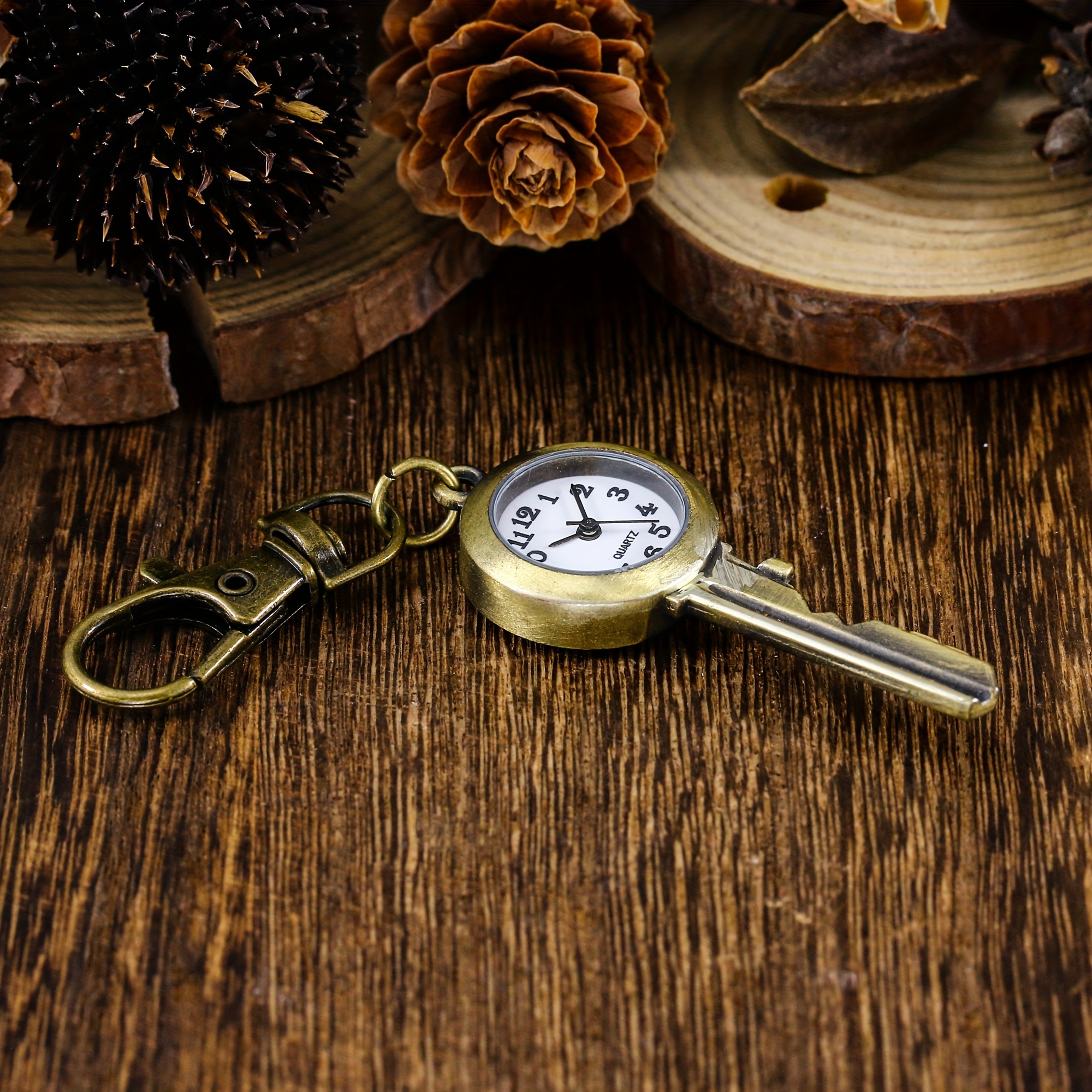 Vintage Antique Copper Pocket Watch Keychain Necklace Quartz Timepiece 0