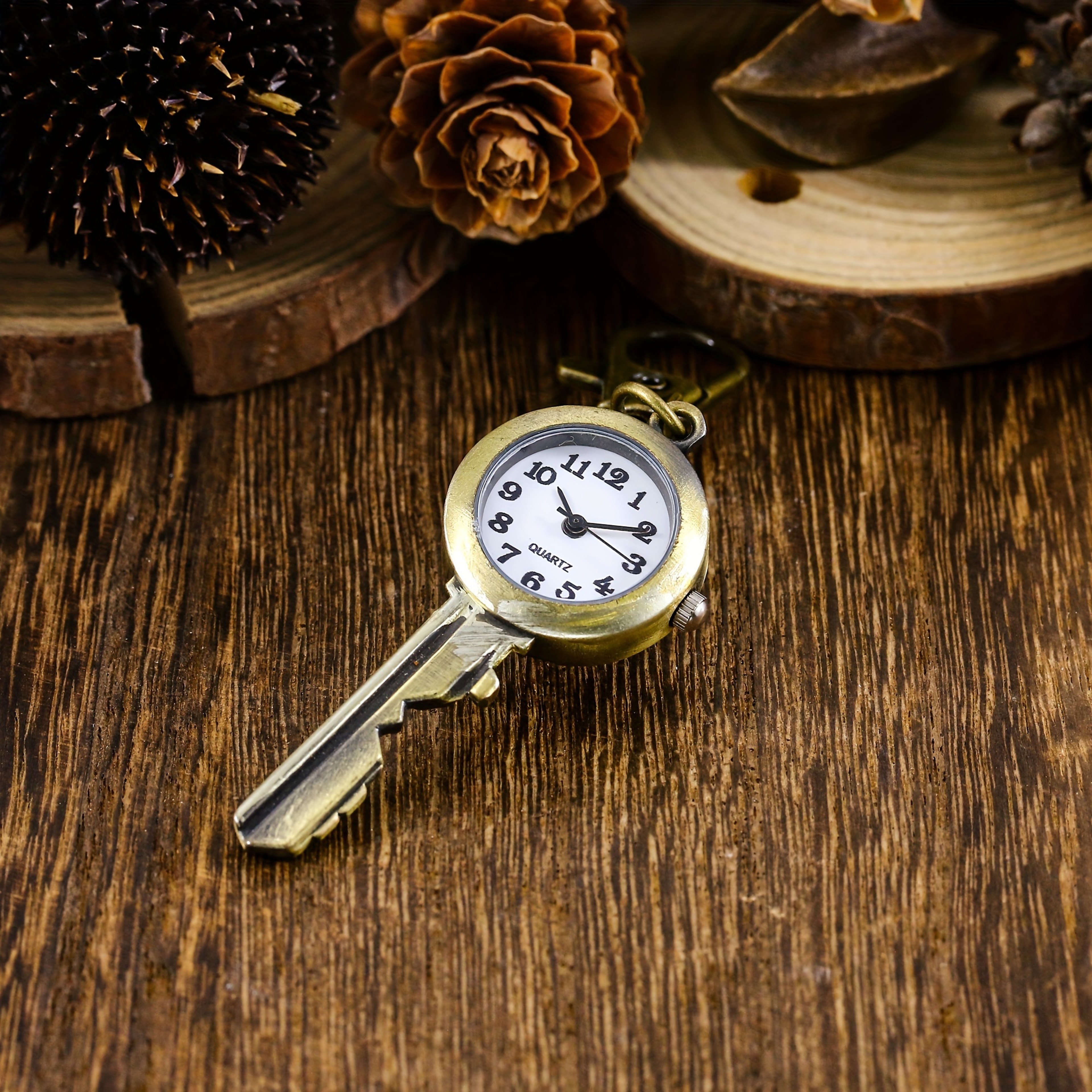 Vintage Antique Copper Pocket Watch Keychain Necklace Quartz Timepiece 2