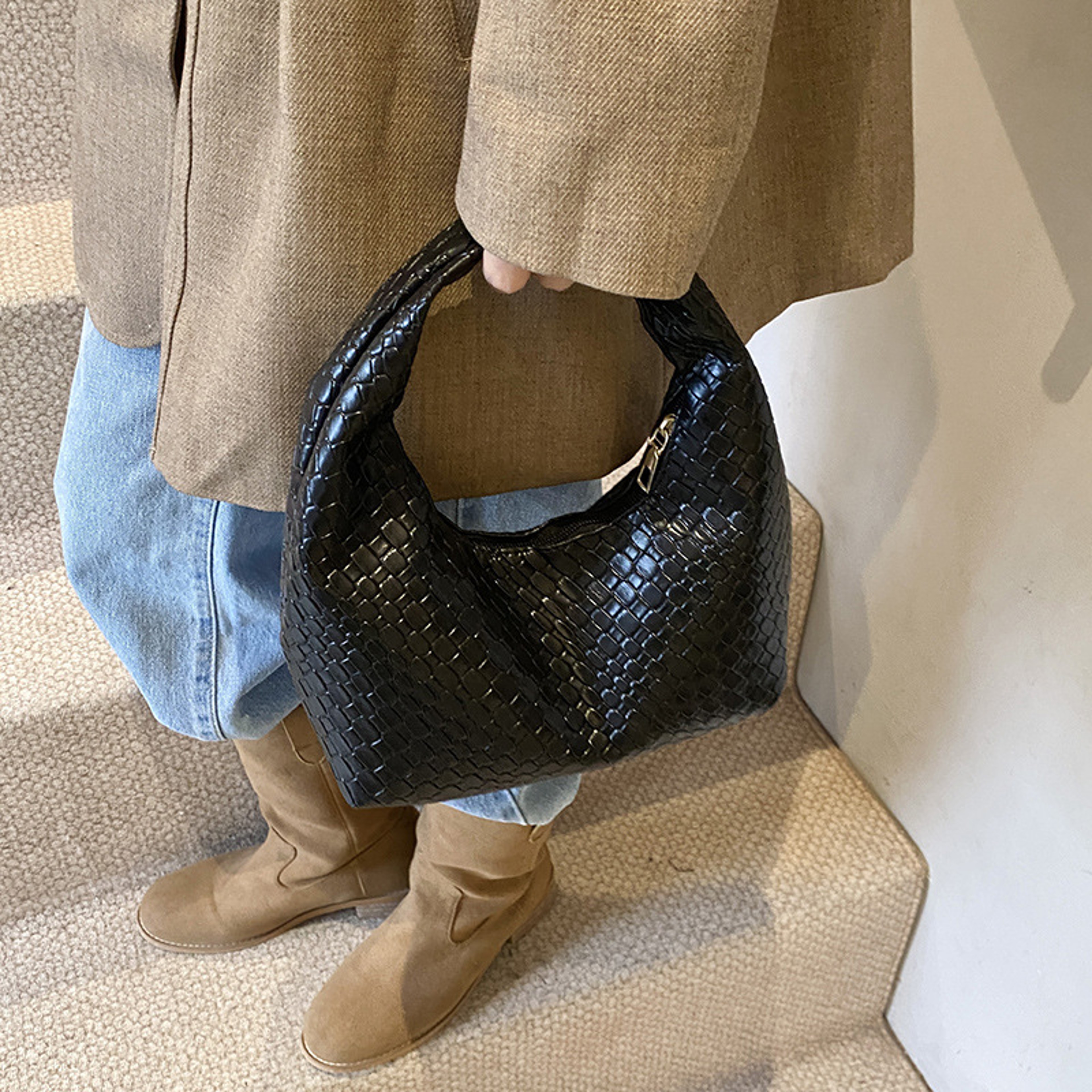 Elegant Woven PU Leather Hobo Bag Small Top Handle Shoulder Handbag For Women 4