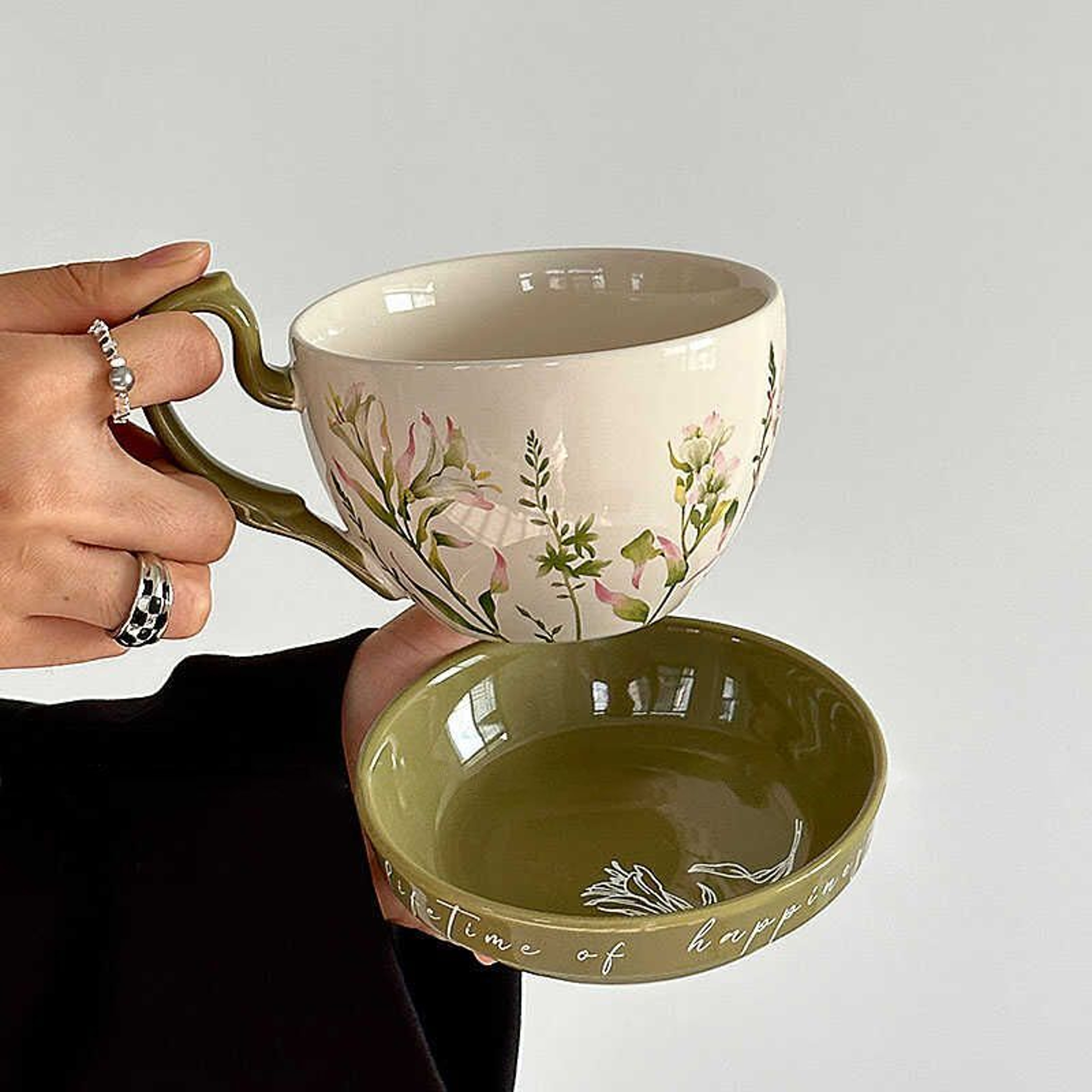 Vintage Ceramic Breakfast Cup Set with Lid & Saucer Large Capacity Retro Coffee Mug – view 1