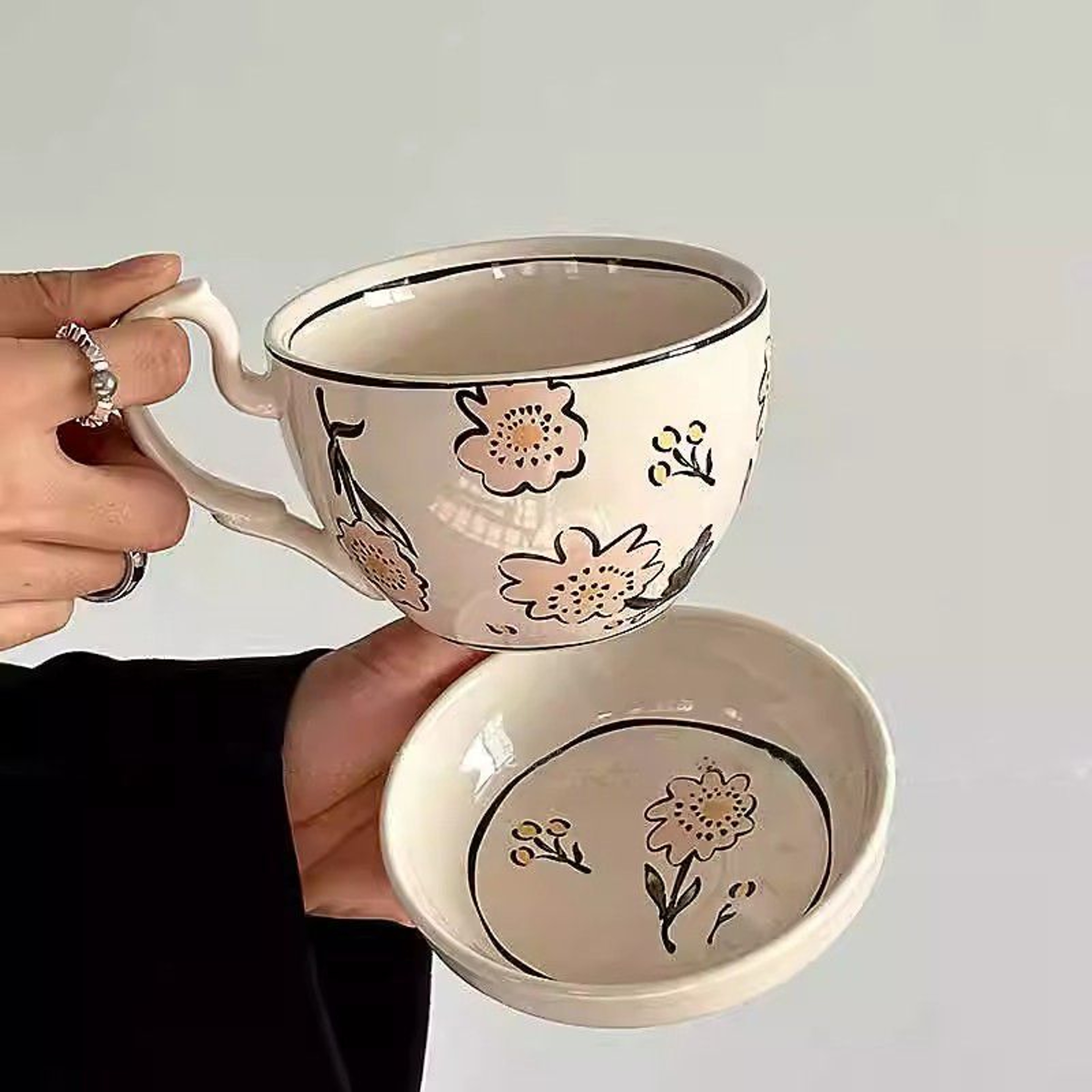 Vintage Ceramic Breakfast Cup Set with Lid & Saucer Large Capacity Retro Coffee Mug – view 10