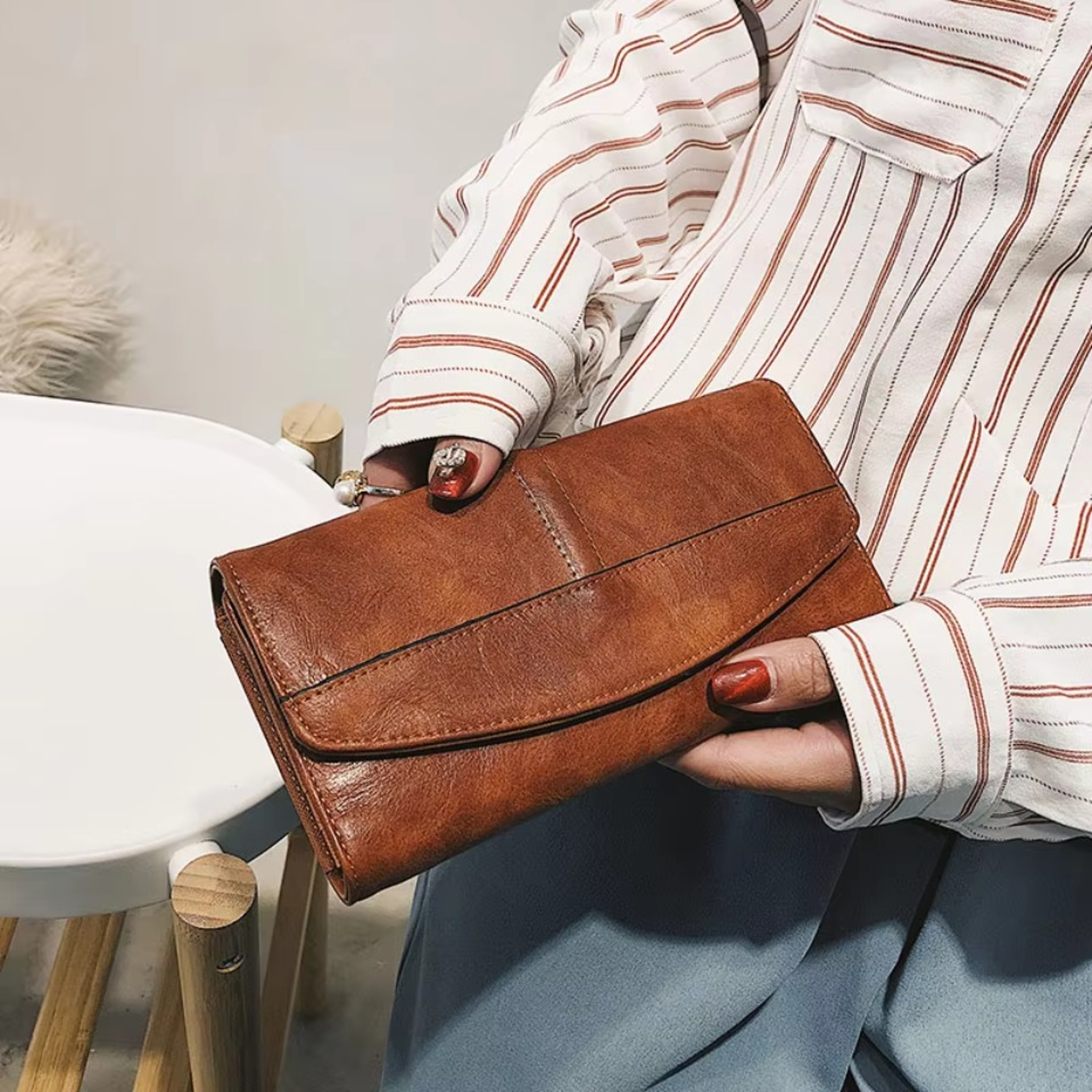 Vintage Trifold PU Leather Women Long Wallet With Phone Holder  Card Organizer 0
