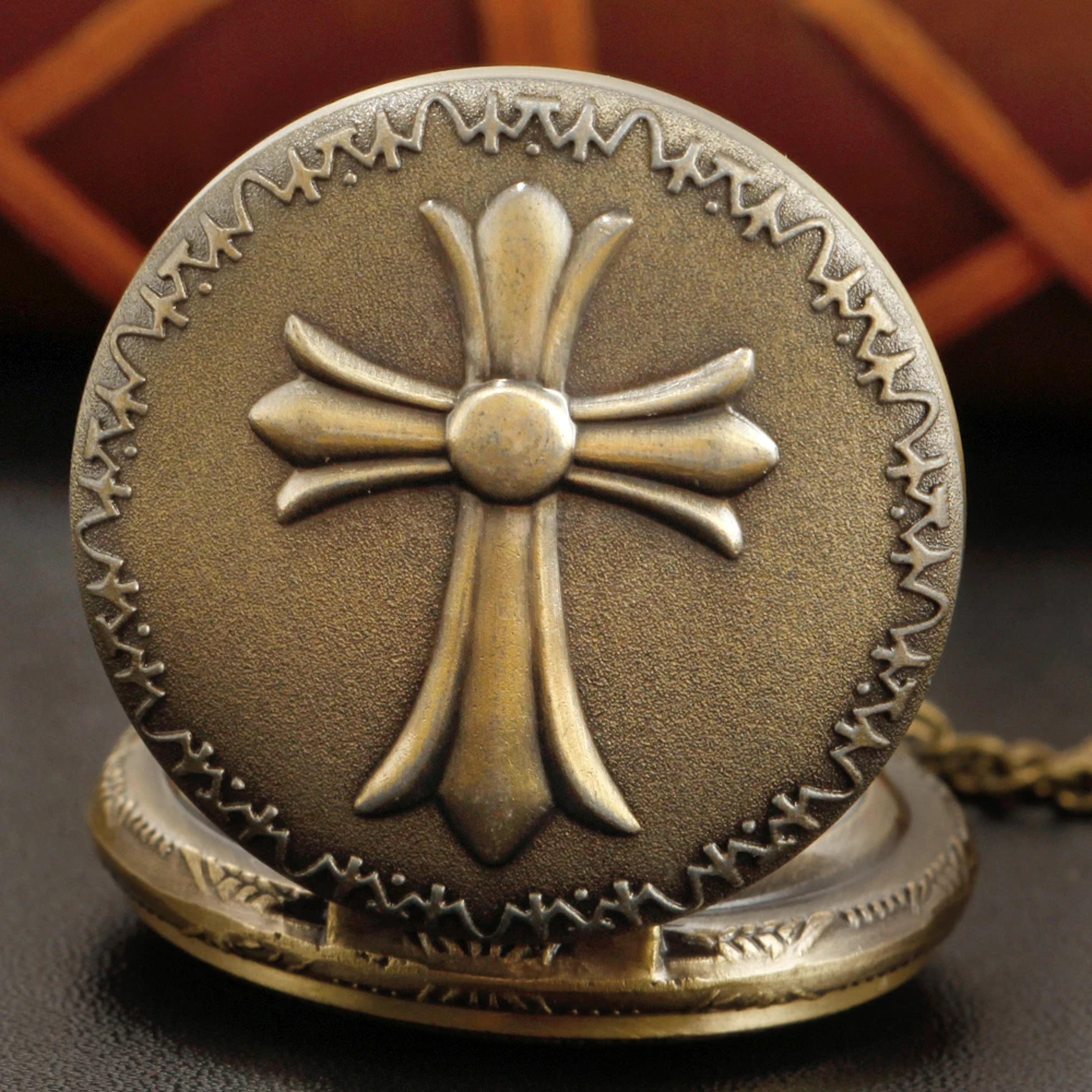 Vintage Cross Pocket Watch Necklace with Quartz Movement and Bronze Christian Pendant – view 1