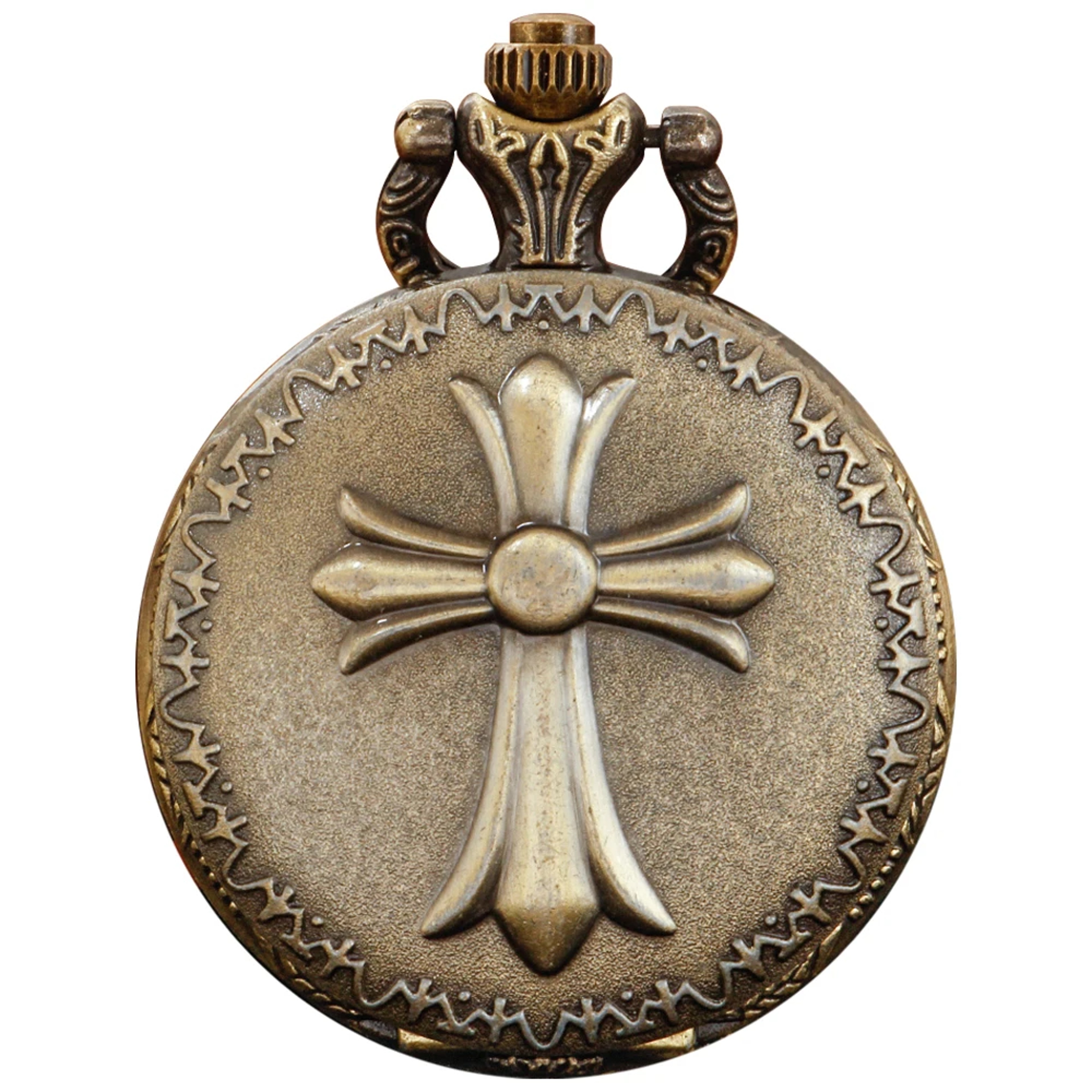 Vintage Cross Pocket Watch Necklace with Quartz Movement and Bronze Christian Pendant – view 6