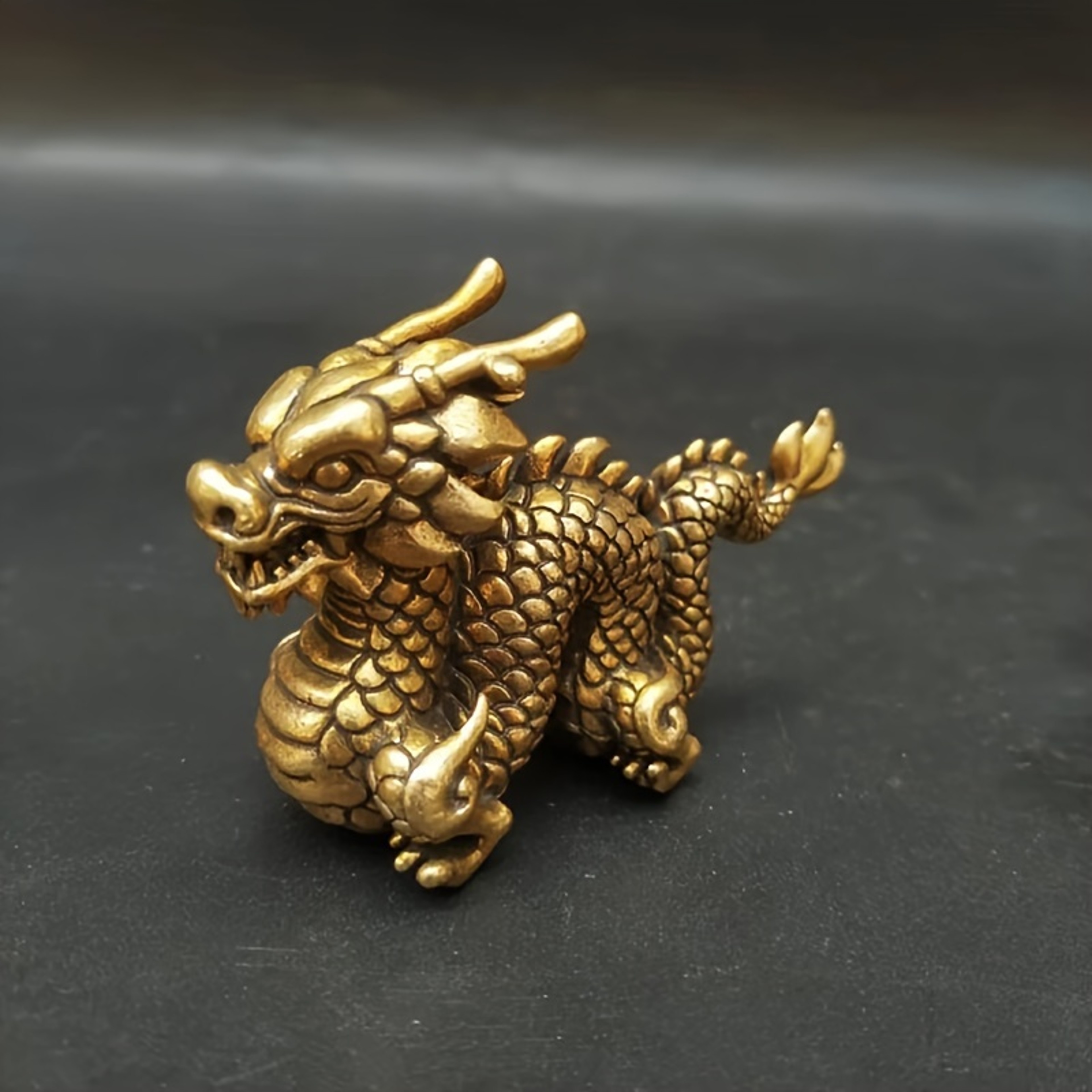 Vintage Brass Dragon Statue Chinese Feng Shui Dragon Decor Sculpture – view 1