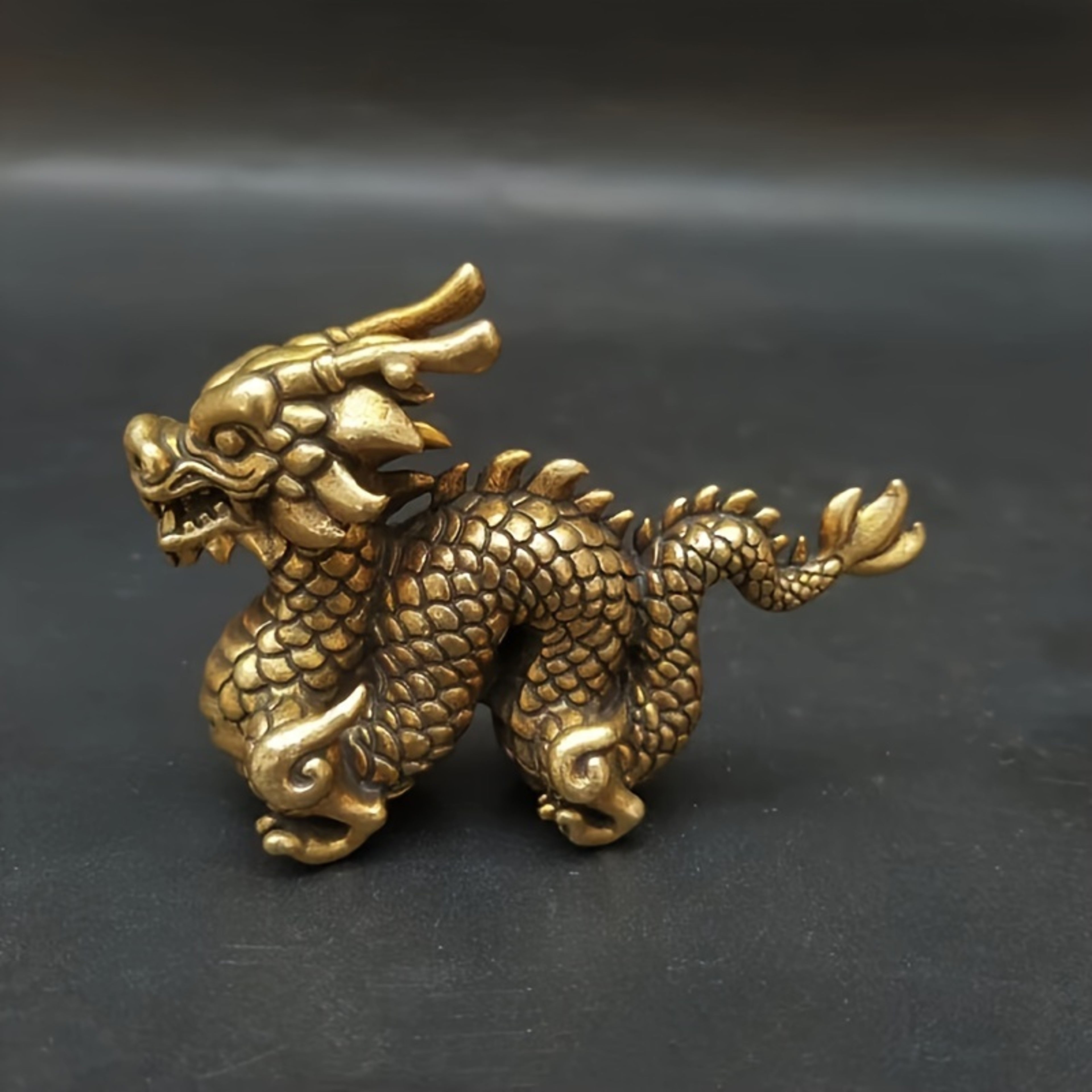 Vintage Brass Dragon Statue Chinese Feng Shui Dragon Decor Sculpture – view 2