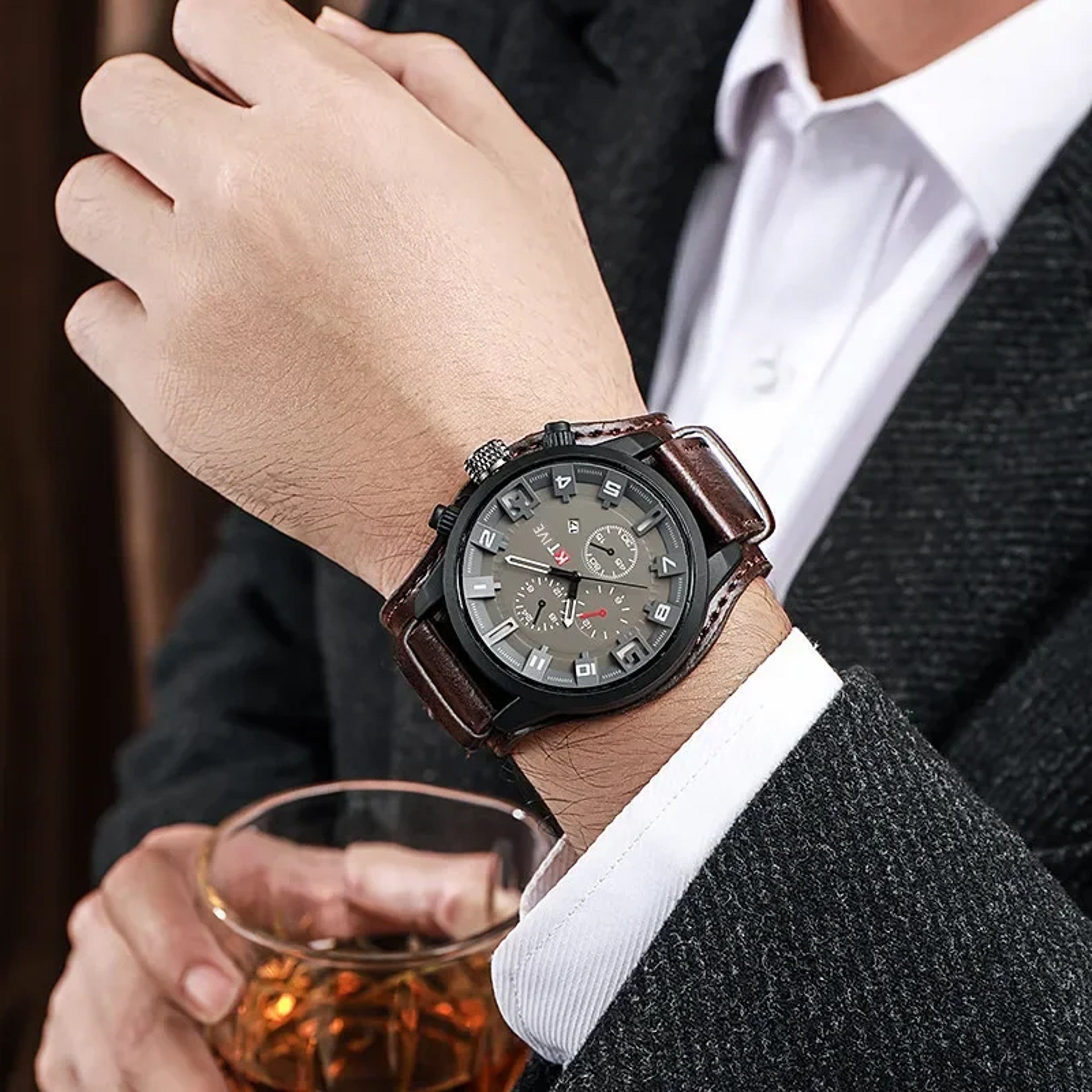 Retro Military Leather Watch For Men Big Dial Quartz Business Wristwatch With Calendar 2
