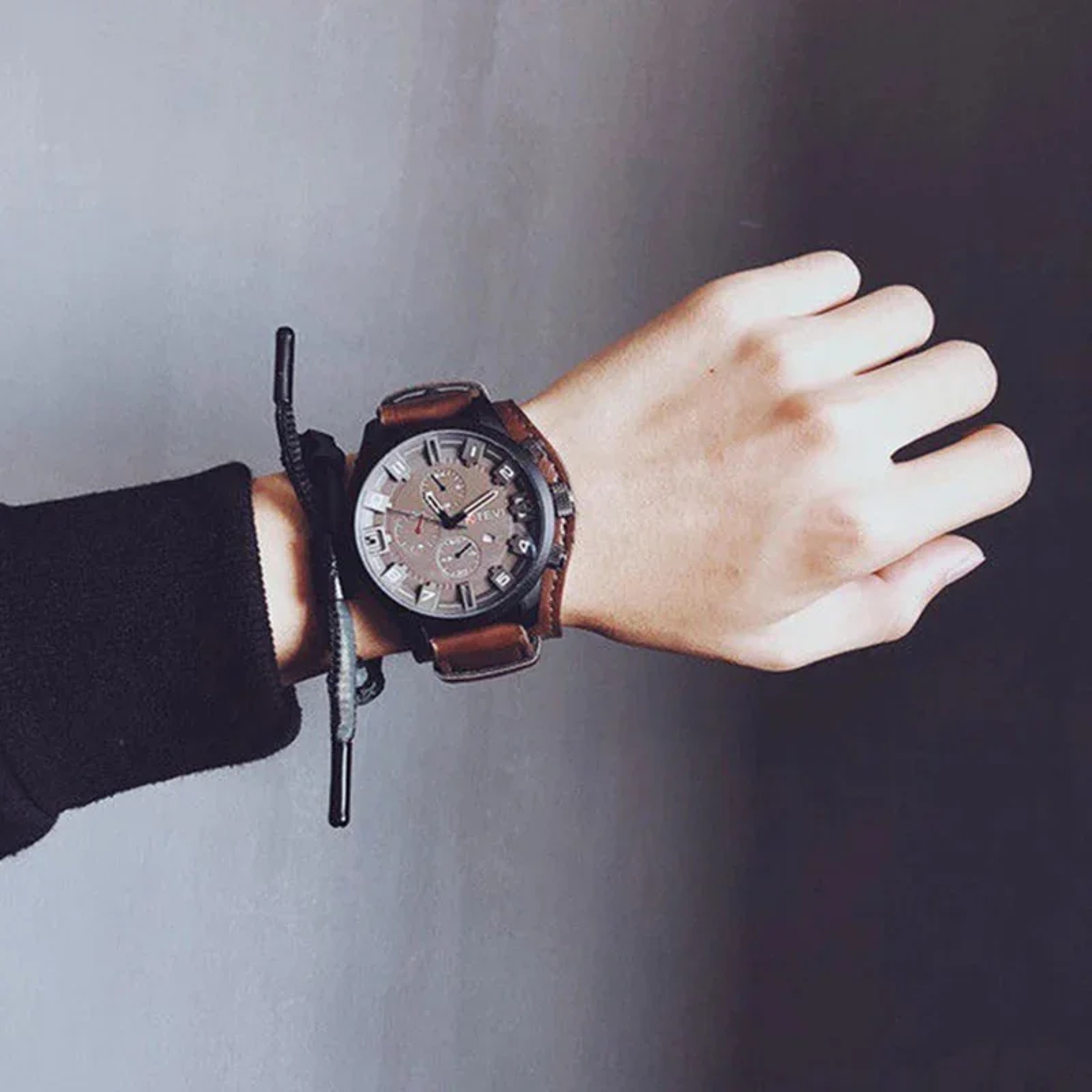 Retro Military Leather Watch For Men Big Dial Quartz Business Wristwatch With Calendar 3