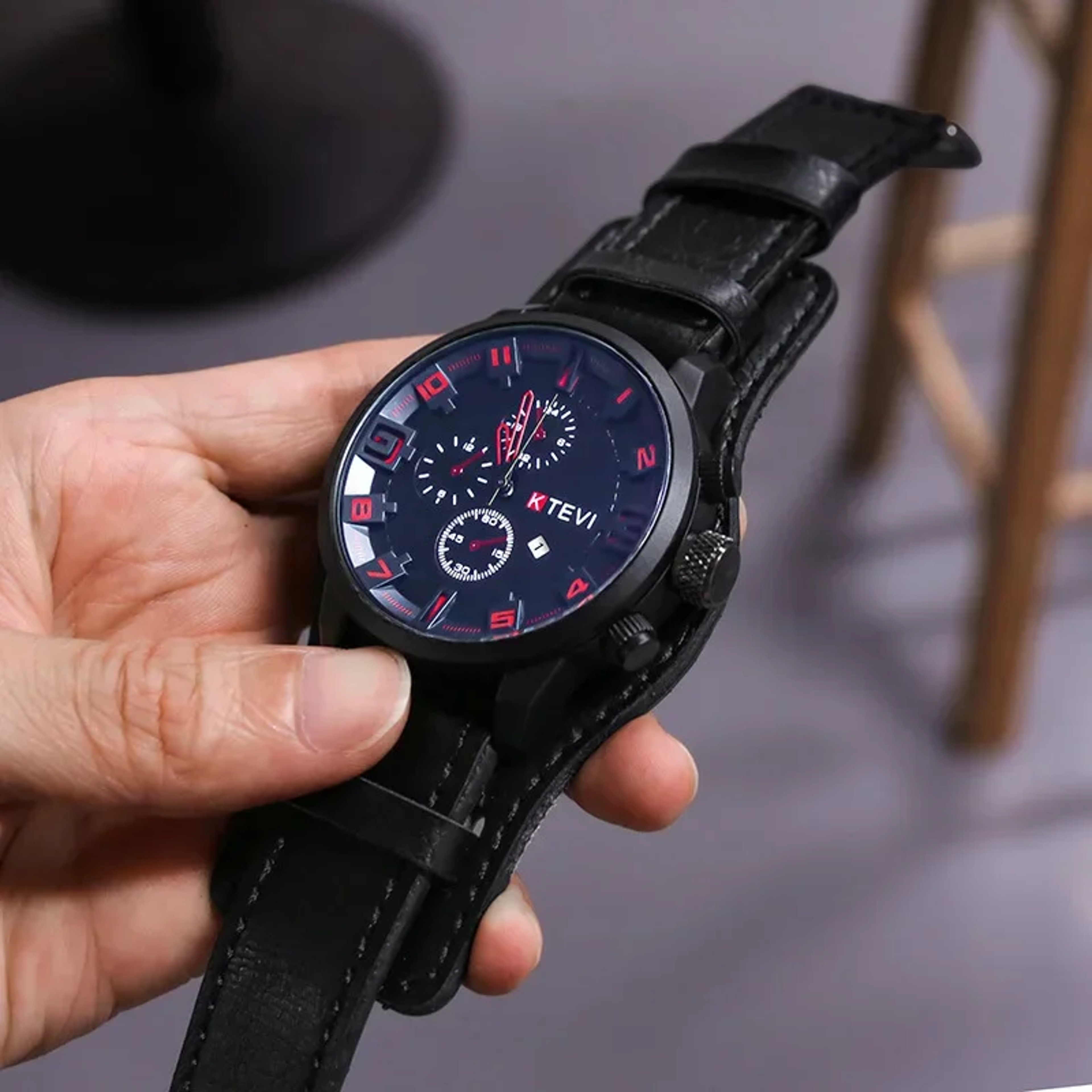 Retro Military Leather Watch For Men Big Dial Quartz Business Wristwatch With Calendar 6