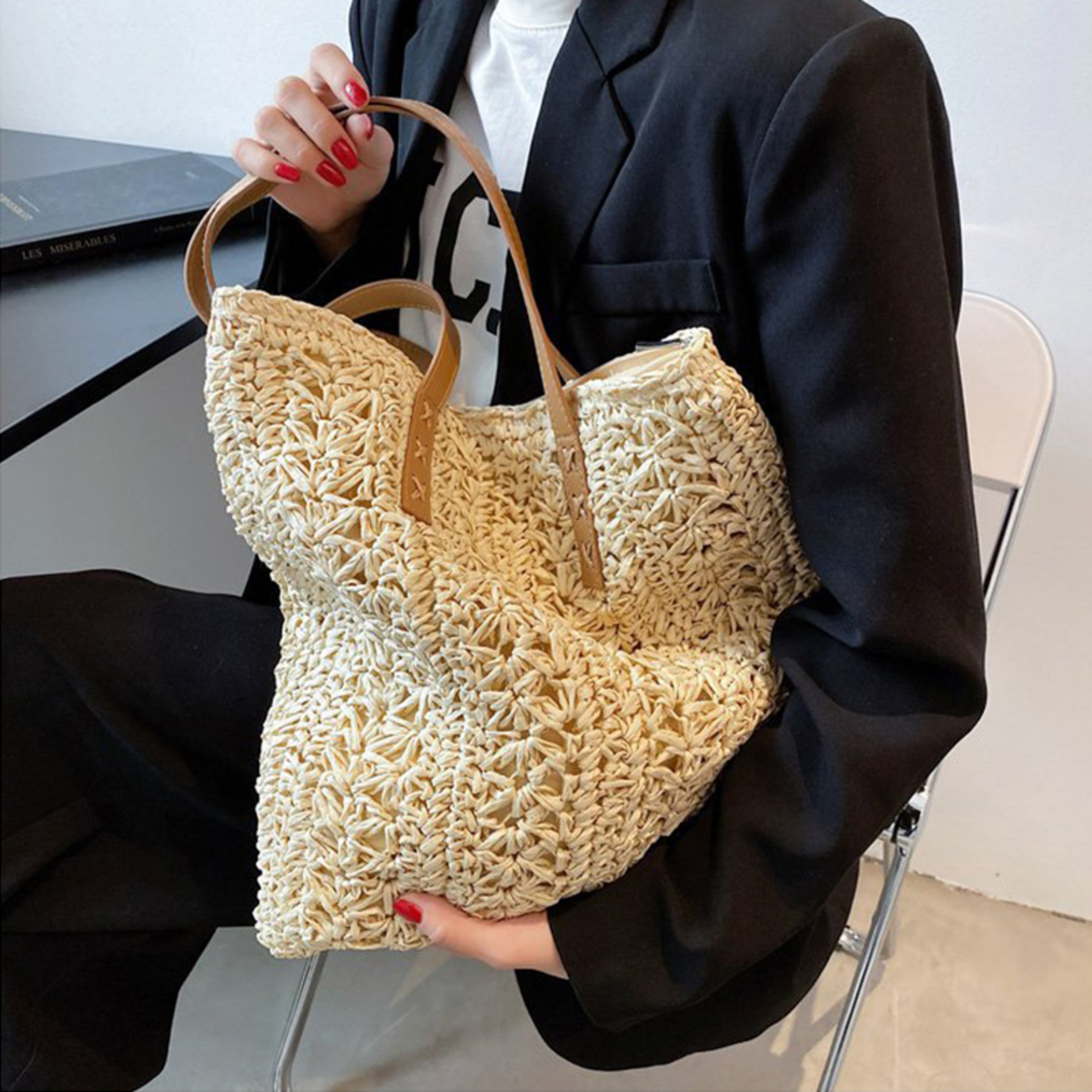 Boho Straw Beach Tote Bag Large Capacity Woven Shoulder Shopper for Women Vacation Style – view 7