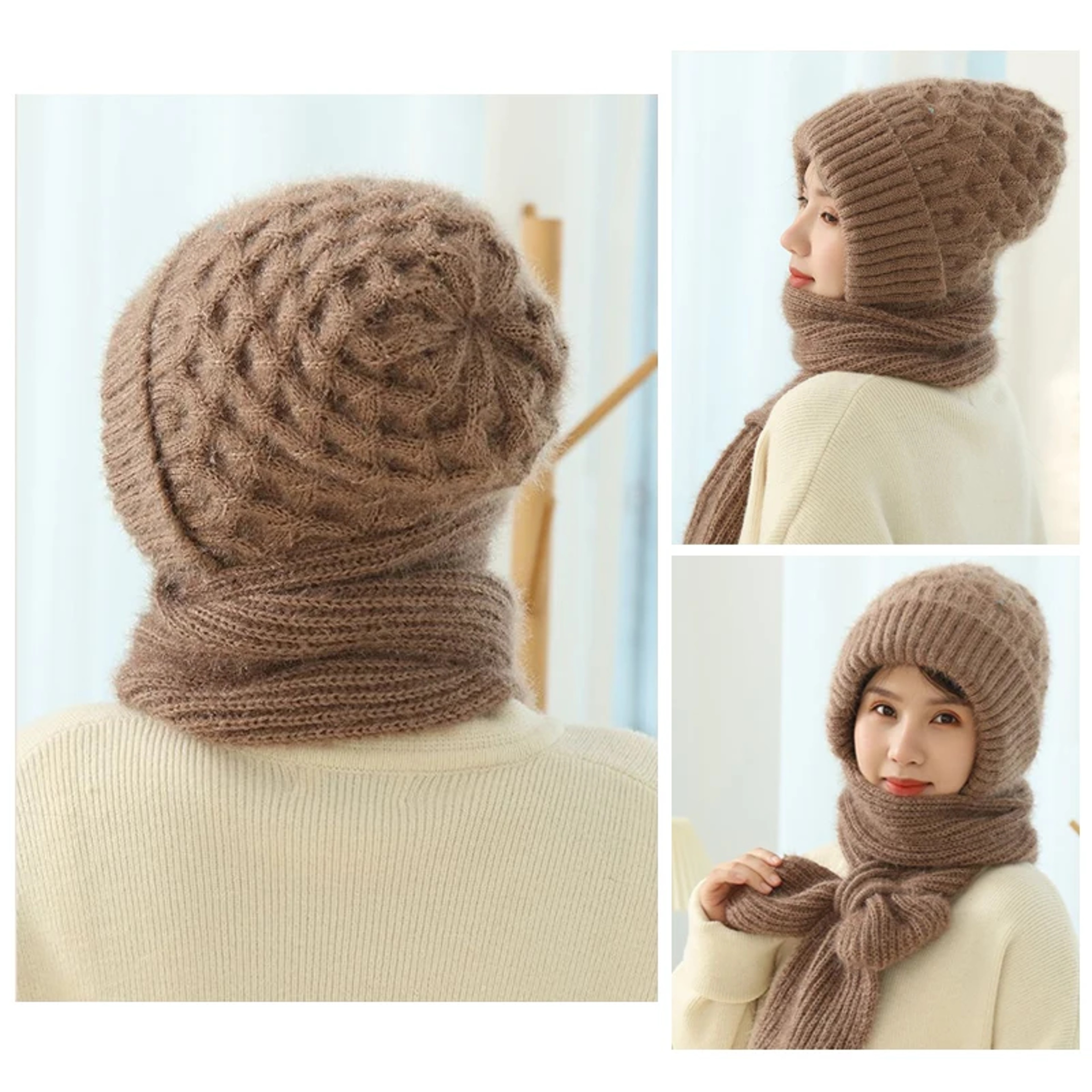 Womens Winter Knitted Hat, Scarf One Piece, Double Warm Padded Beanie, Thickened Wind Proof Snow Hat – view 3