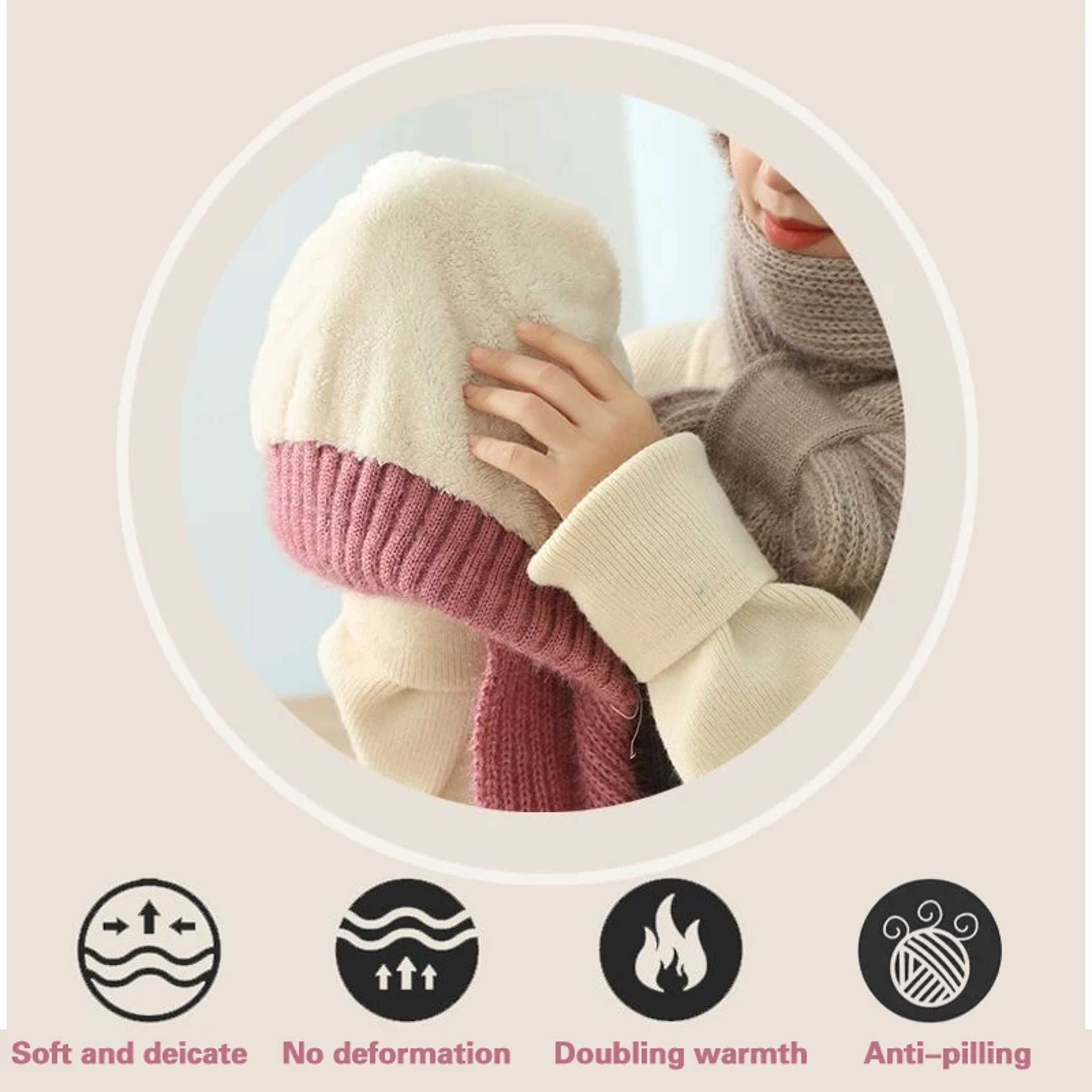 Womens Winter Knitted Hat, Scarf One Piece, Double Warm Padded Beanie, Thickened Wind Proof Snow Hat – view 4