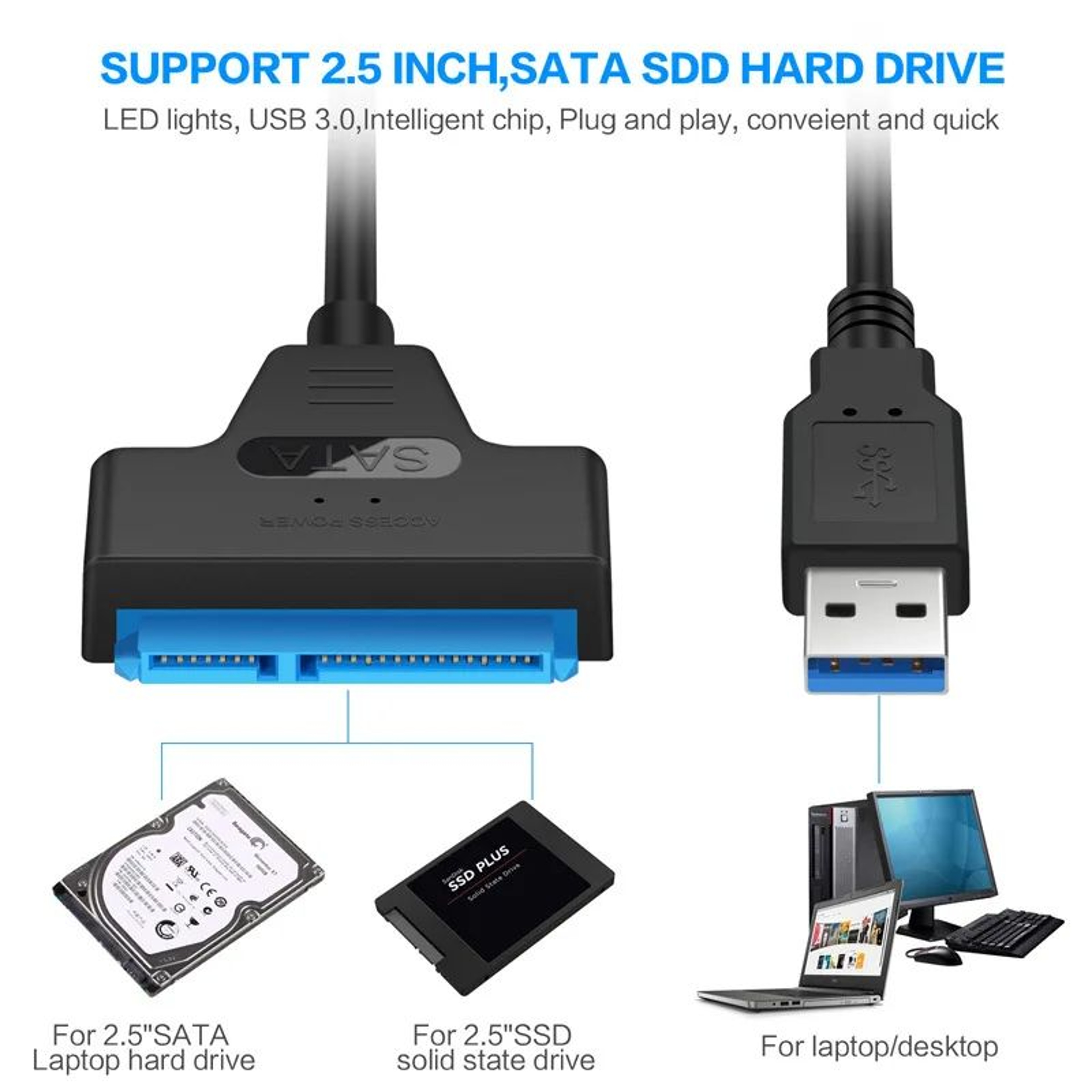 USB 30 To SATA III Cable Adapter 22 Pin SATA To USB Cord For External SSD HDD Hard Drive Conve 3