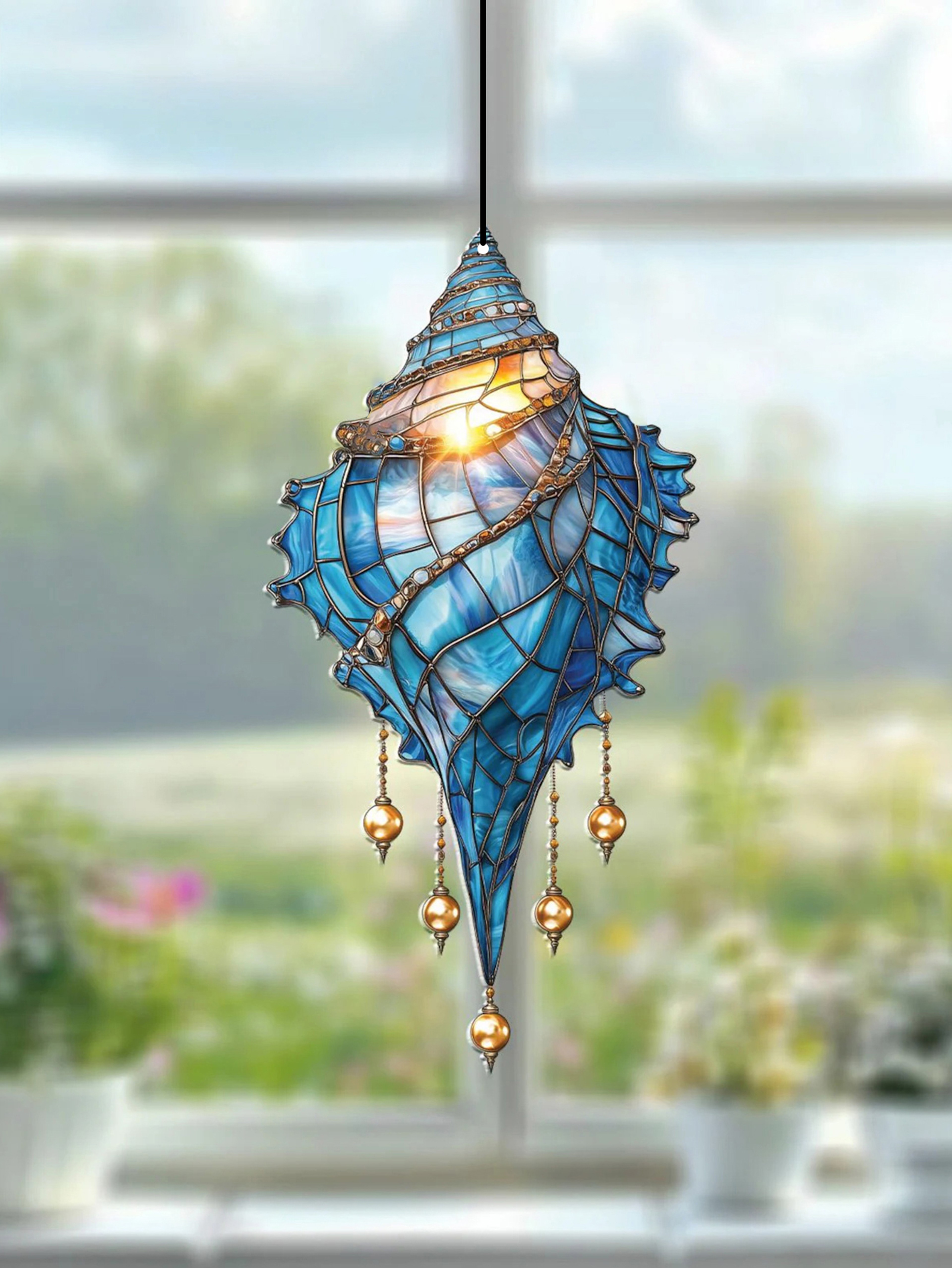 Blue Acrylic Conch Shell Window Suncatcher, Coastal Beach House Hanging Ornament, Garden Pendant, Home Decor Accent – view 2